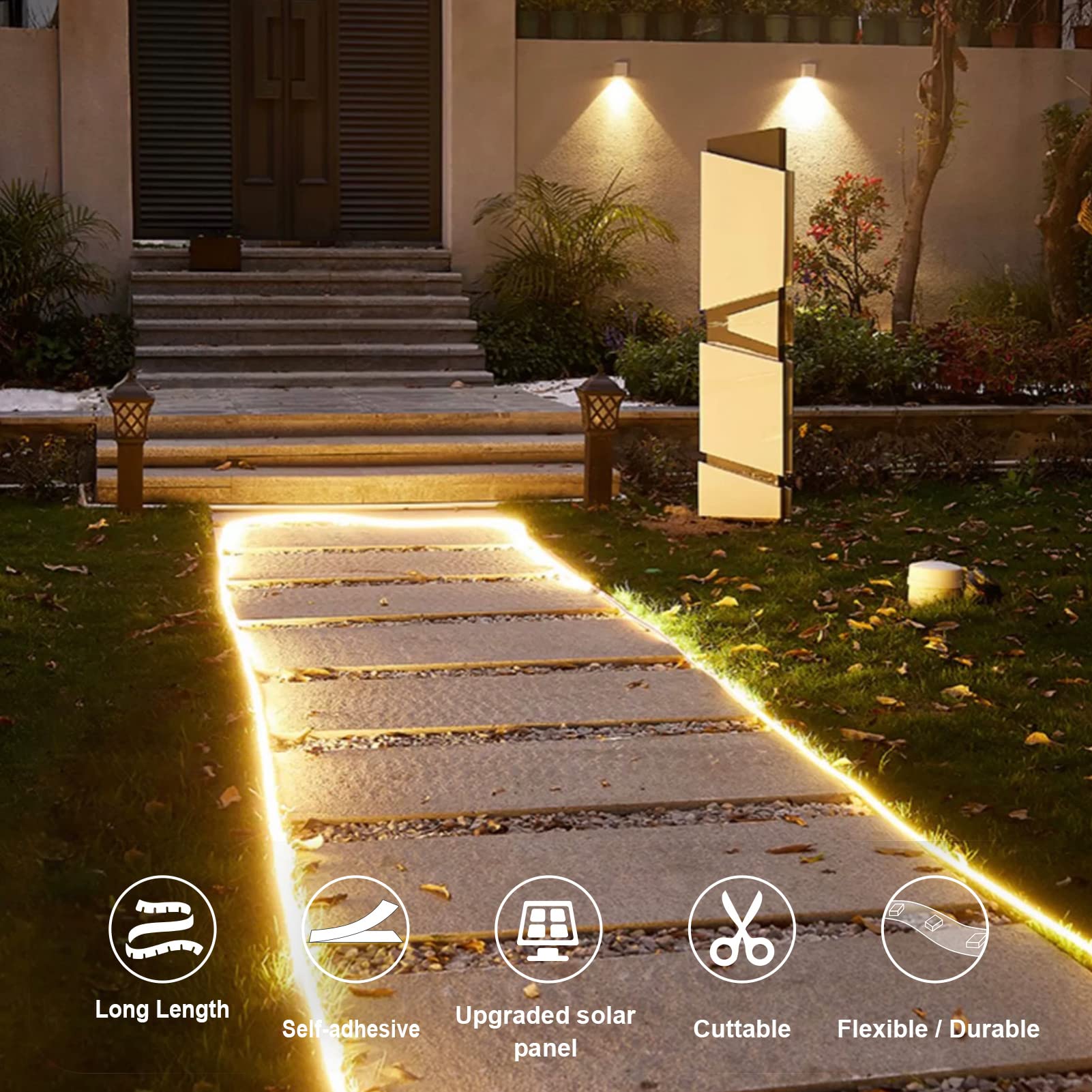 echosari Solar Powered Strip Lights, 16.4FT, 320 LED, Waterproof, Warm White, Remote Control, Cuttable, 8 Modes, Model 5M 150L