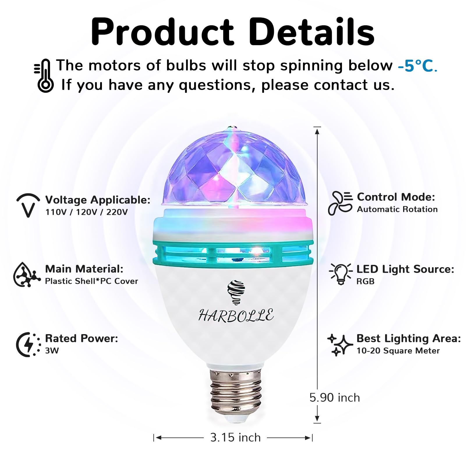 HARBOLLE RGB Color Rotating LED Bulbs - 2 Pack, E26/E27, Multi for Parties & Photography