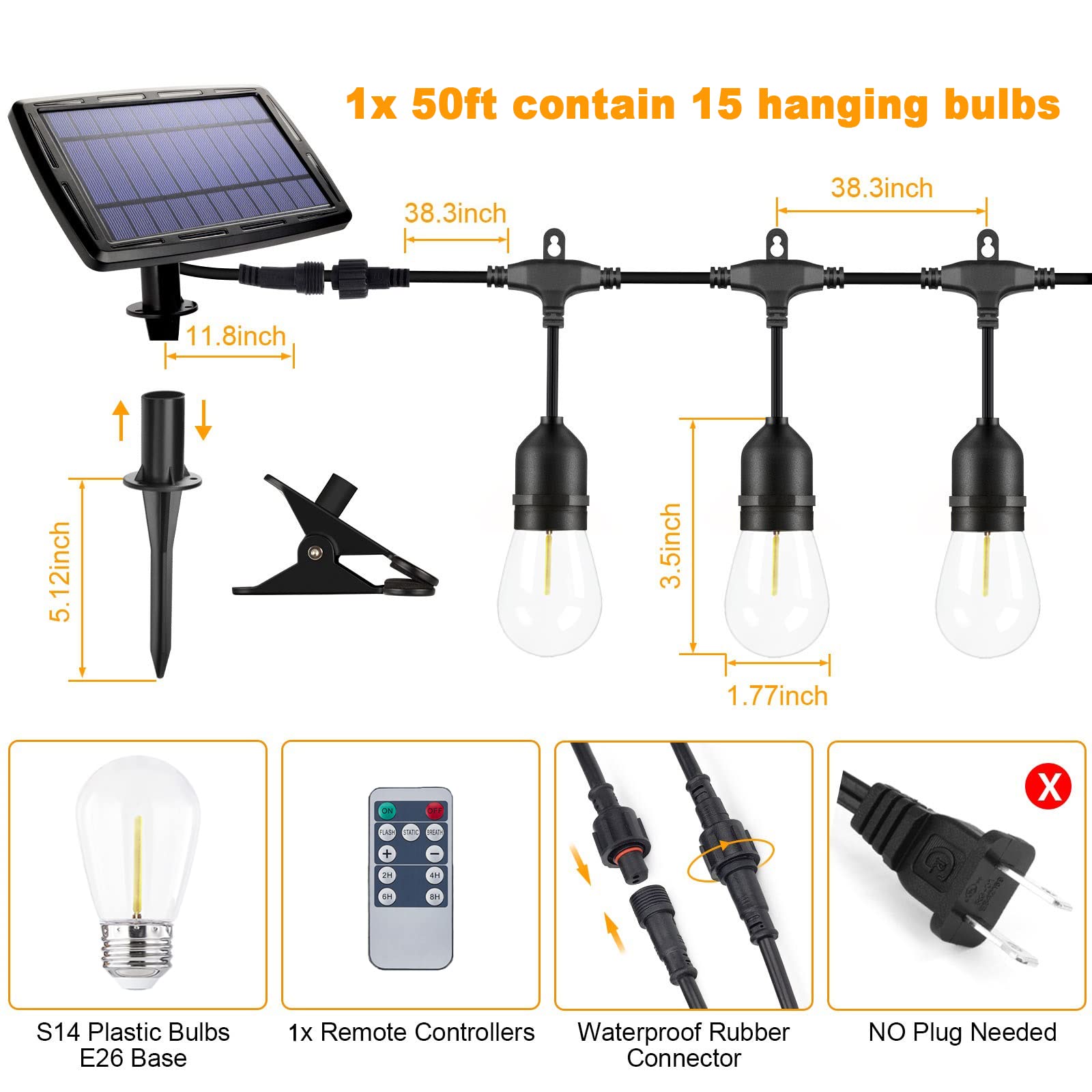 IPStank Solar String Lights 50FT, 15 Dimmable Shatterproof Edison Bulbs, Waterproof Color Changing, Multicolor, Model YGM-S14-15S