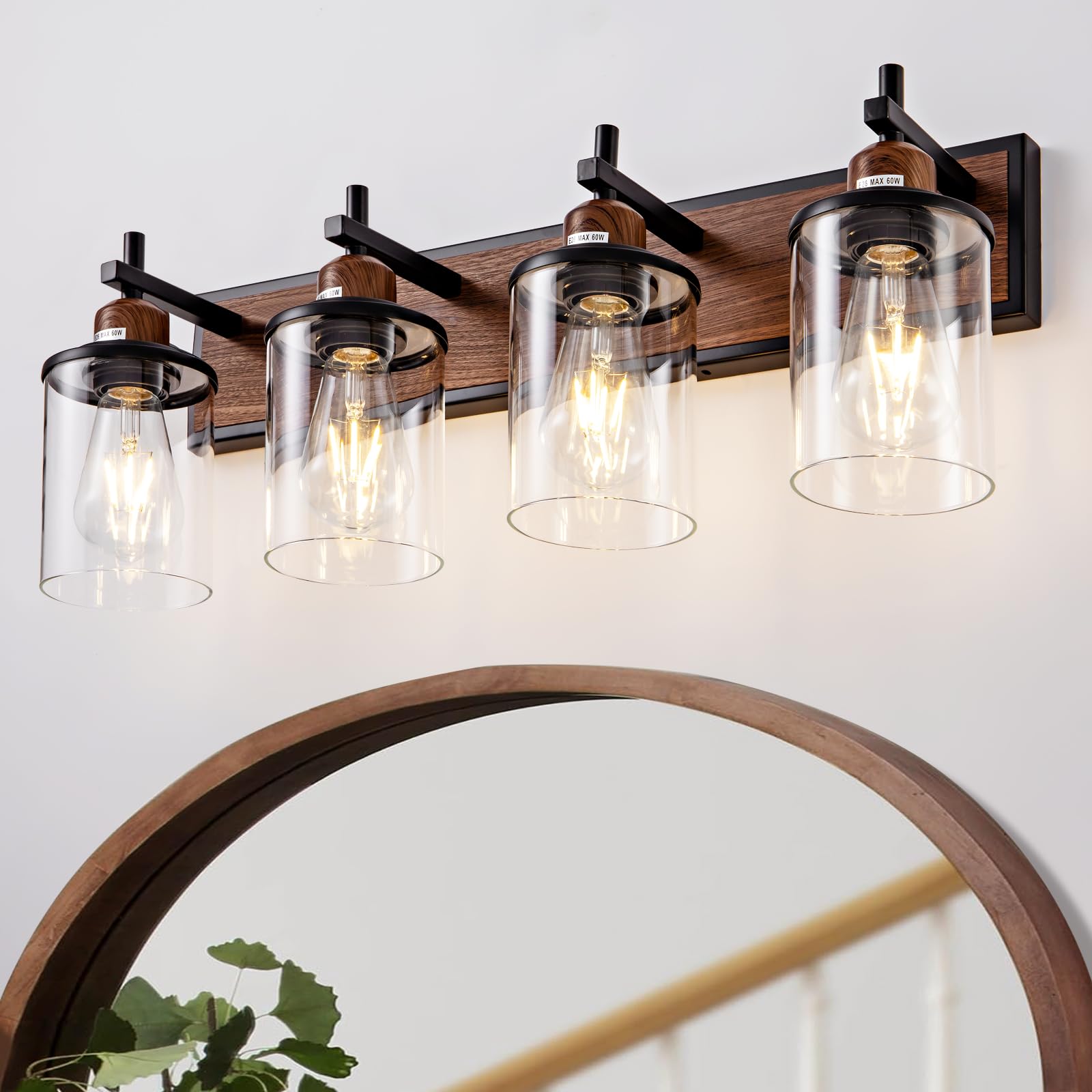 Lanhall 3-Light Farmhouse Bathroom Light Fixtures Vintage Vanity Lights Over Mirror Black And Wood Painted Metal Vanity Light Wi