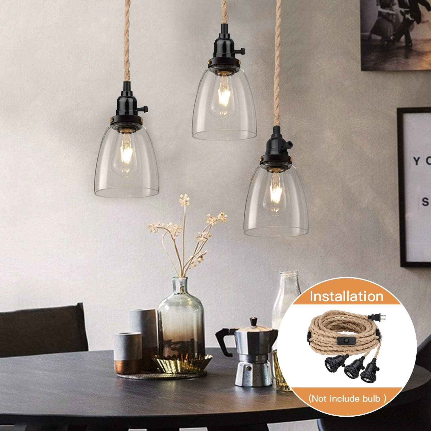 Yiliaw 27FT 3-Light Plug-in Pendant Light with Hemp Rope, Industrial Style Hanging Lamp for Farmhouse Bedroom Living Room Decor