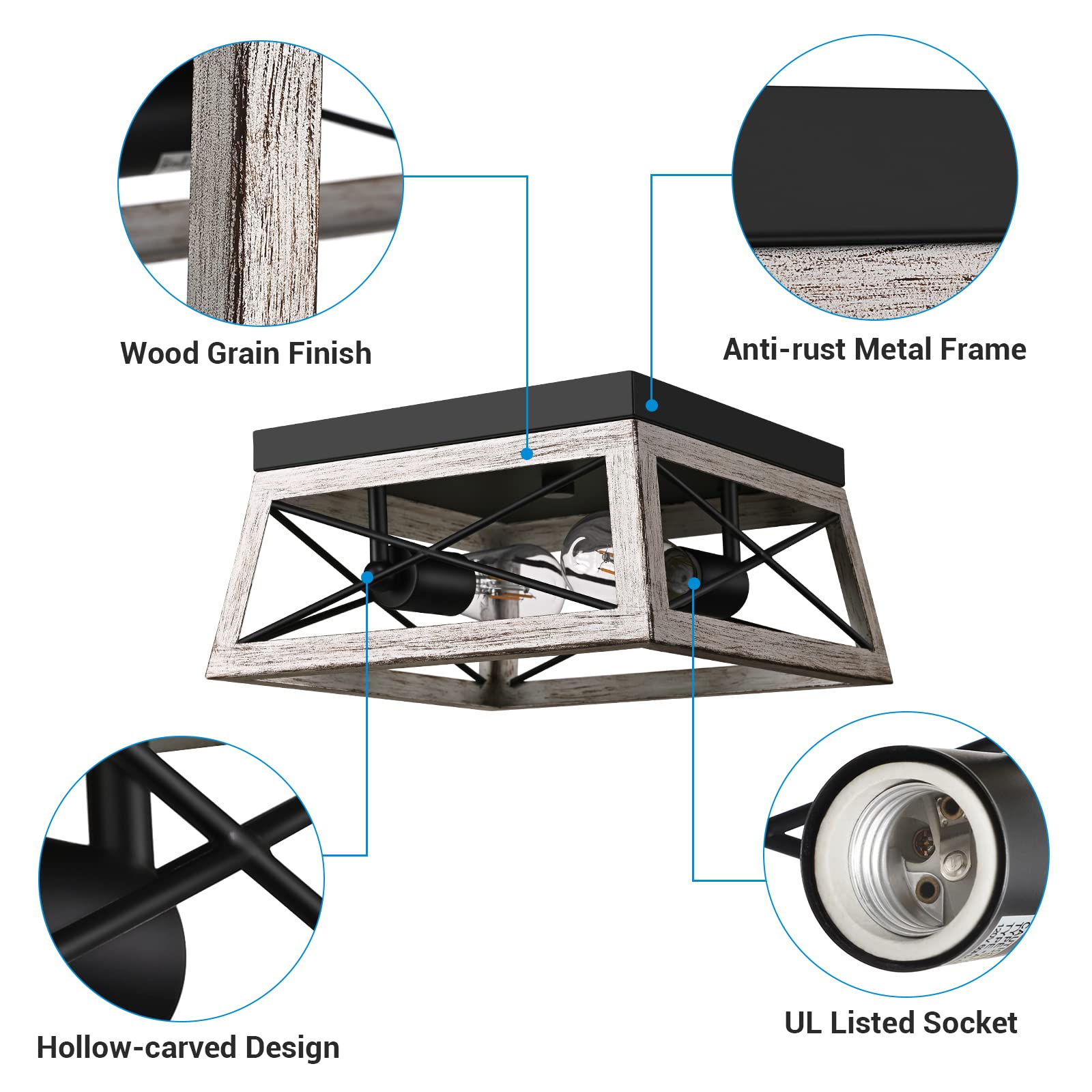 DEWENWILS Farmhouse Flush Mount Ceiling Light, Metal, 2-Lights, Light Gray, Model HFCL02C