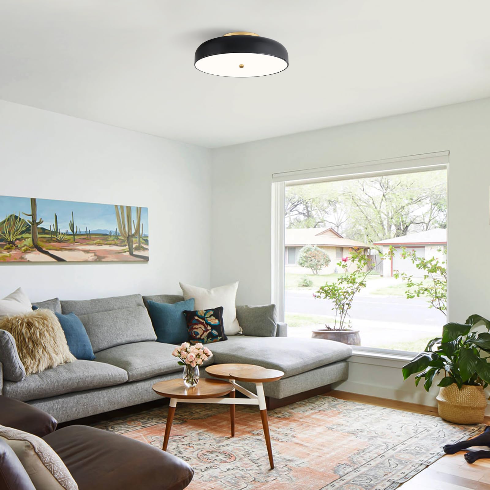 Onesming Dimmable Led Ceiling Light Fixture, 2700K-6000K 5Cct Modern Mid-Century Semi Flush Mount Ceiling Light, Black Close To