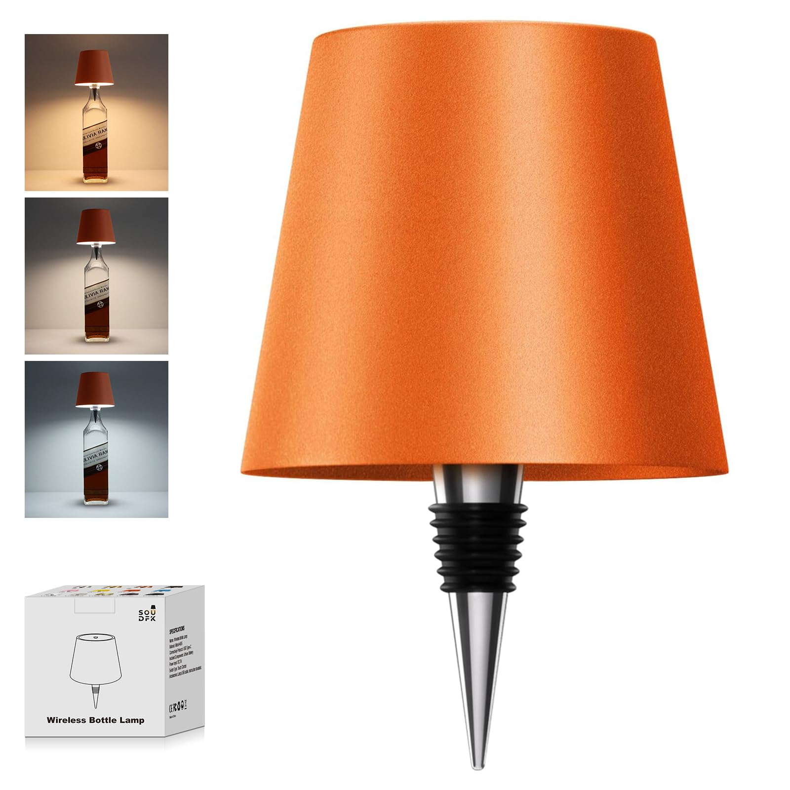 SOUDFK Wireless Bottle Lamp, 2025 New 3 Color Rechargeable Wine Bottle Lights for Bars Restaurants (Orange, 1PC)