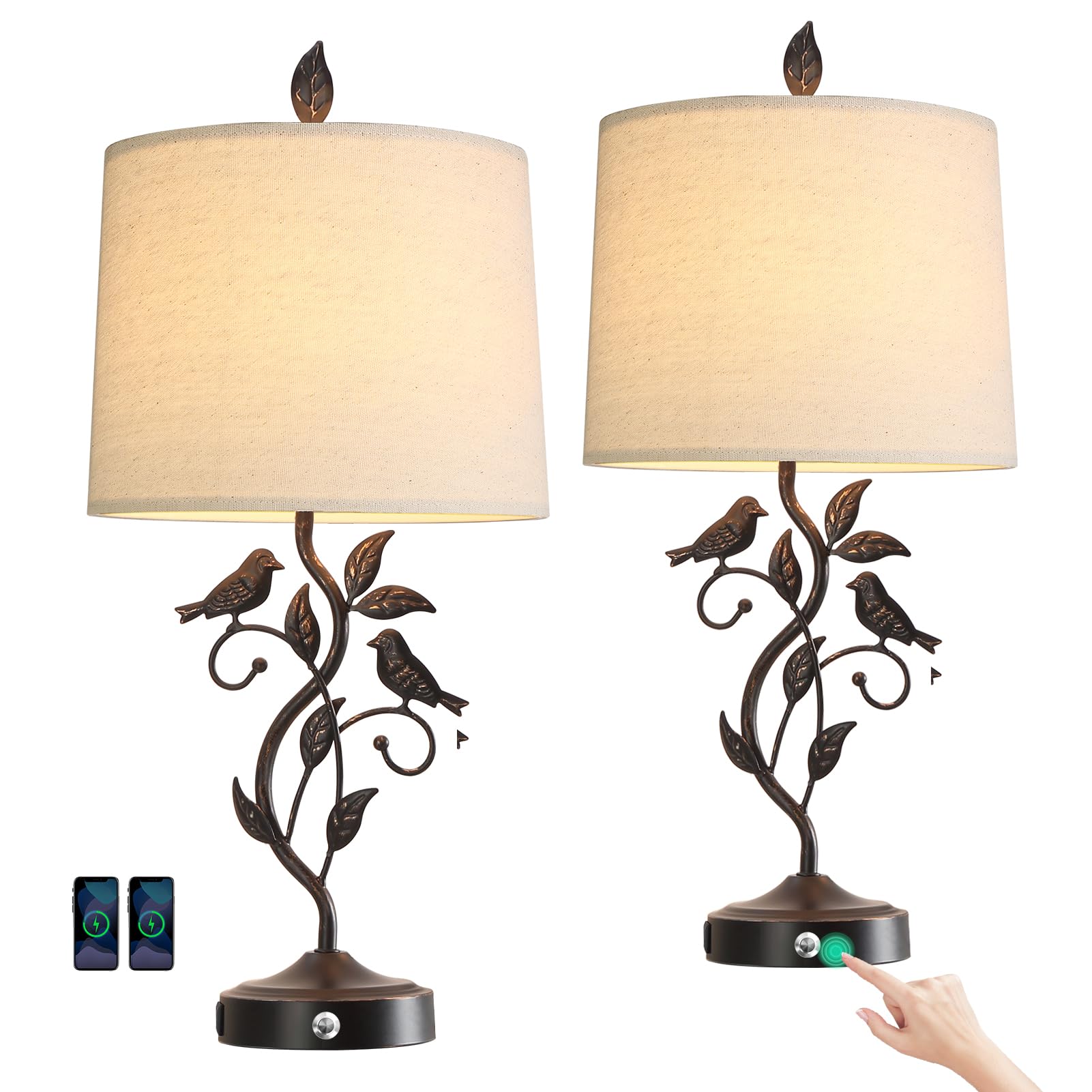 RORIANO 27 Set of 2 Touch Farmhouse Table Lamps for Living Room with 3-Way Dimmable 2 USB Ports, Vintage Rustic Iron Leaf Nights
