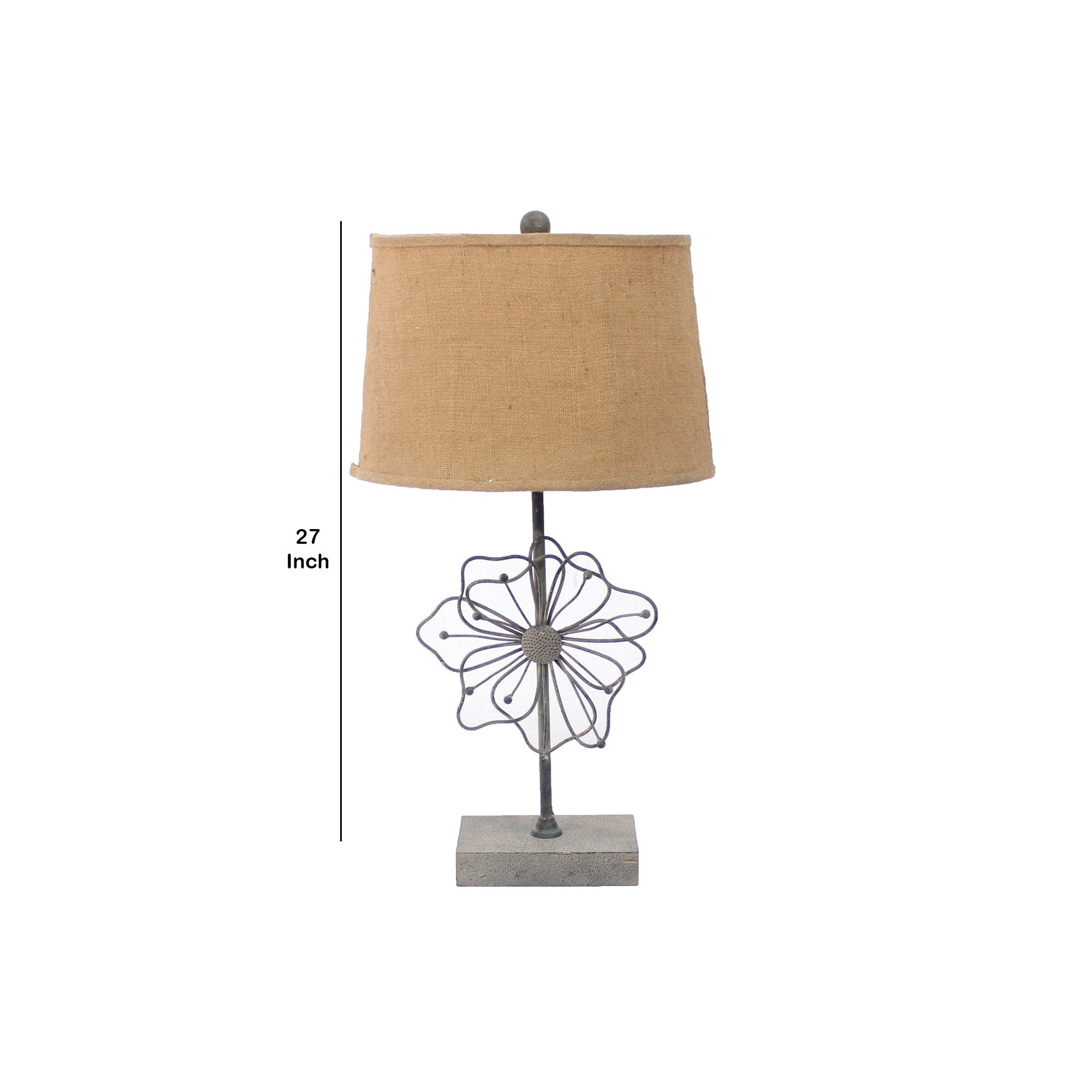 Benzara Metal Table Lamp with Flower Accent, Block Base, Beige and Gray, Model BM217243