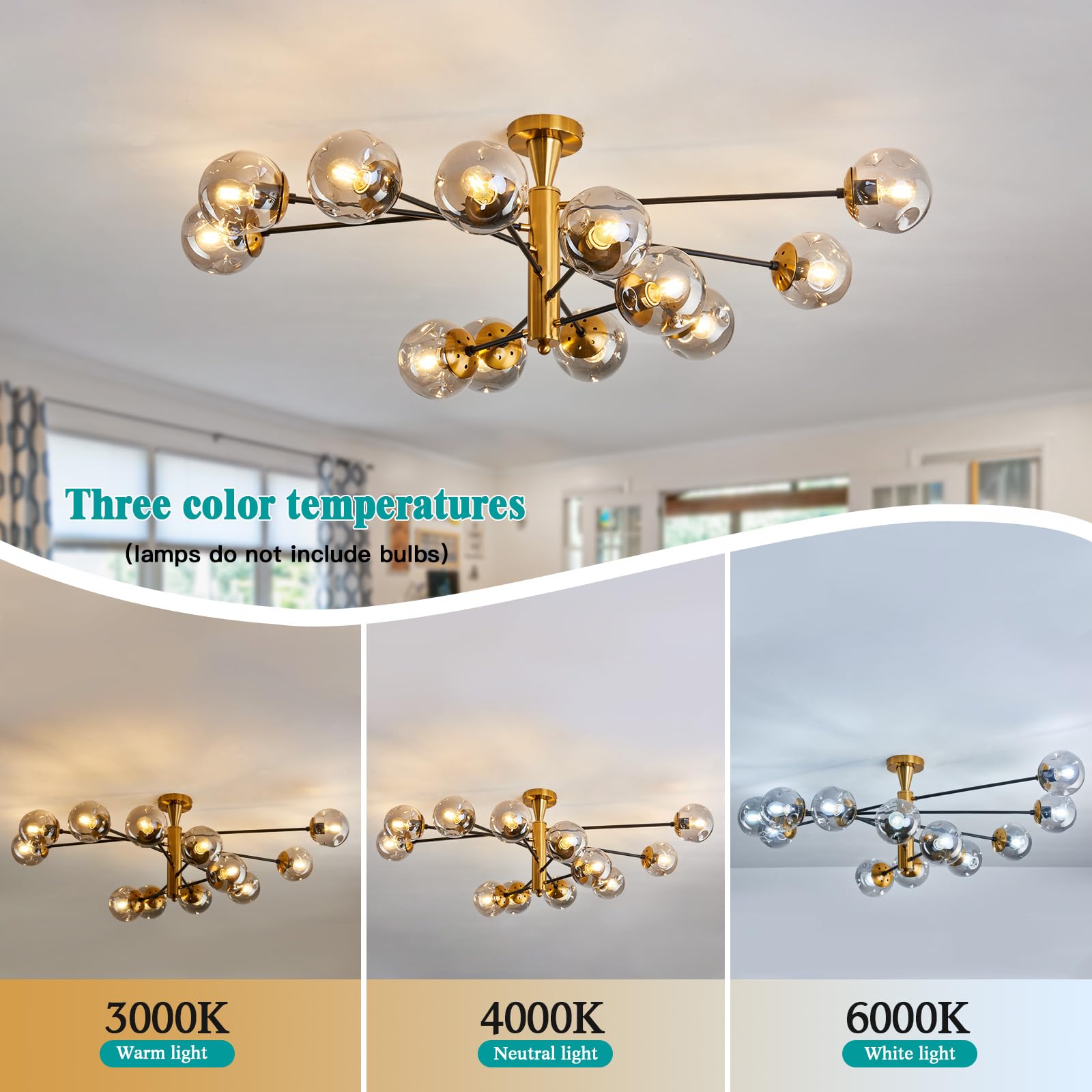 hesoge Large 12-Light Sputnik Semi Flush Mount Chandelier, Gold Iron Fixture, Mid Century Modern for Living Room & Kitchen, Model H-2148
