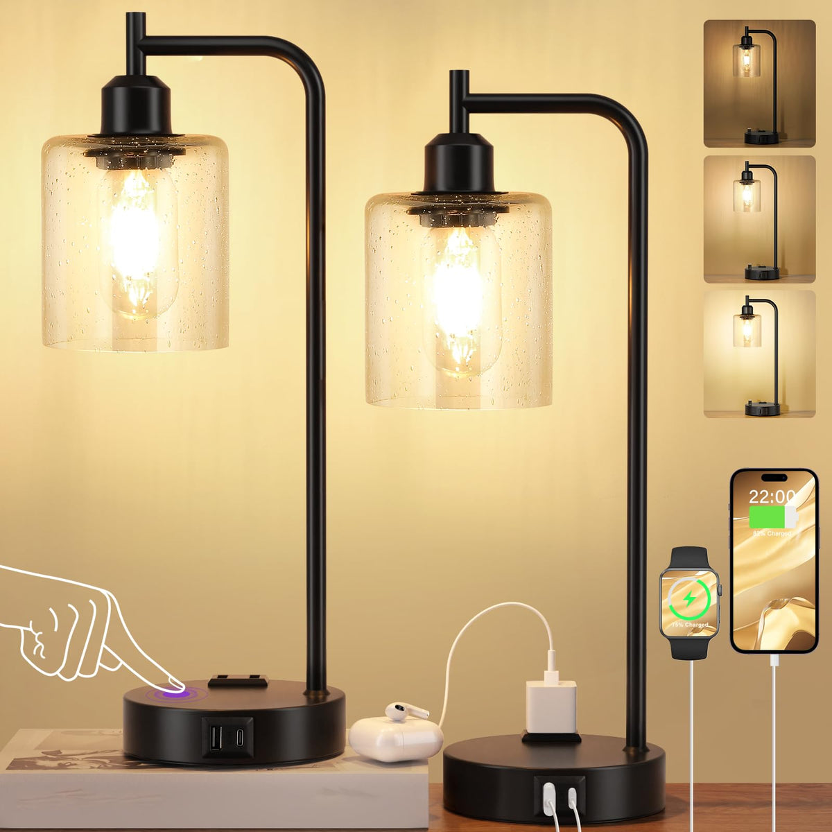Customer Lamp Industrial Touch Table Lamps for Bedrooms Set of 2 - 3-Way Dimmable ...