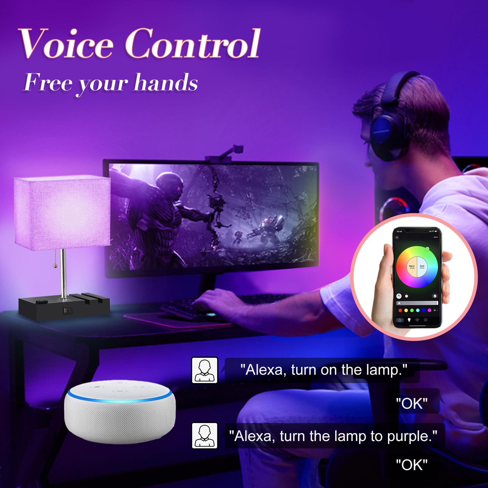 NEWREACH RGB Smart Table Lamp with Remote Control, Dimmable, 15.5x5.5x4.7 inches, Grey-Smart RGB, Model NR-Table-Grey-