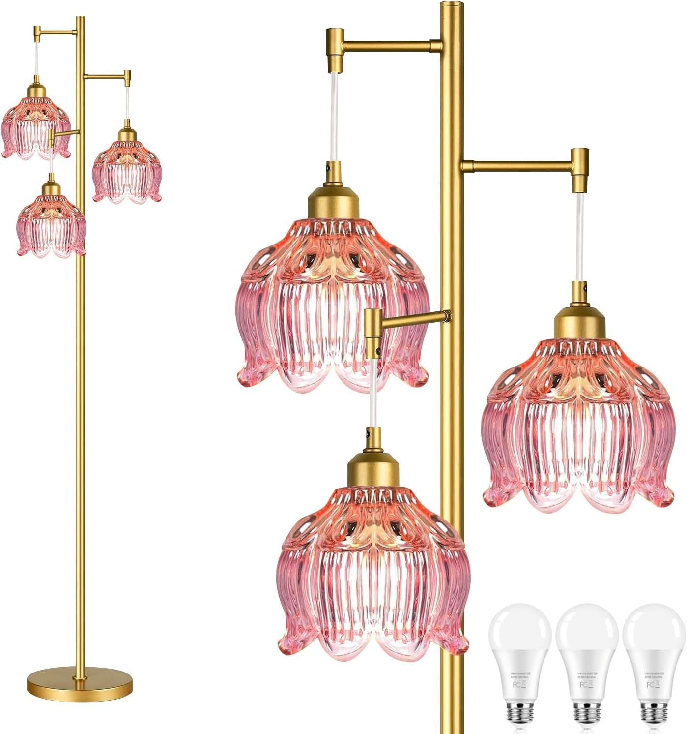 ILLMTW Glass Floor Lamp for Living Room,Bedroom,Gold Flower Mid Century Modern Standing Lamp Brass Tree 3 Light Tall Floor Lamps