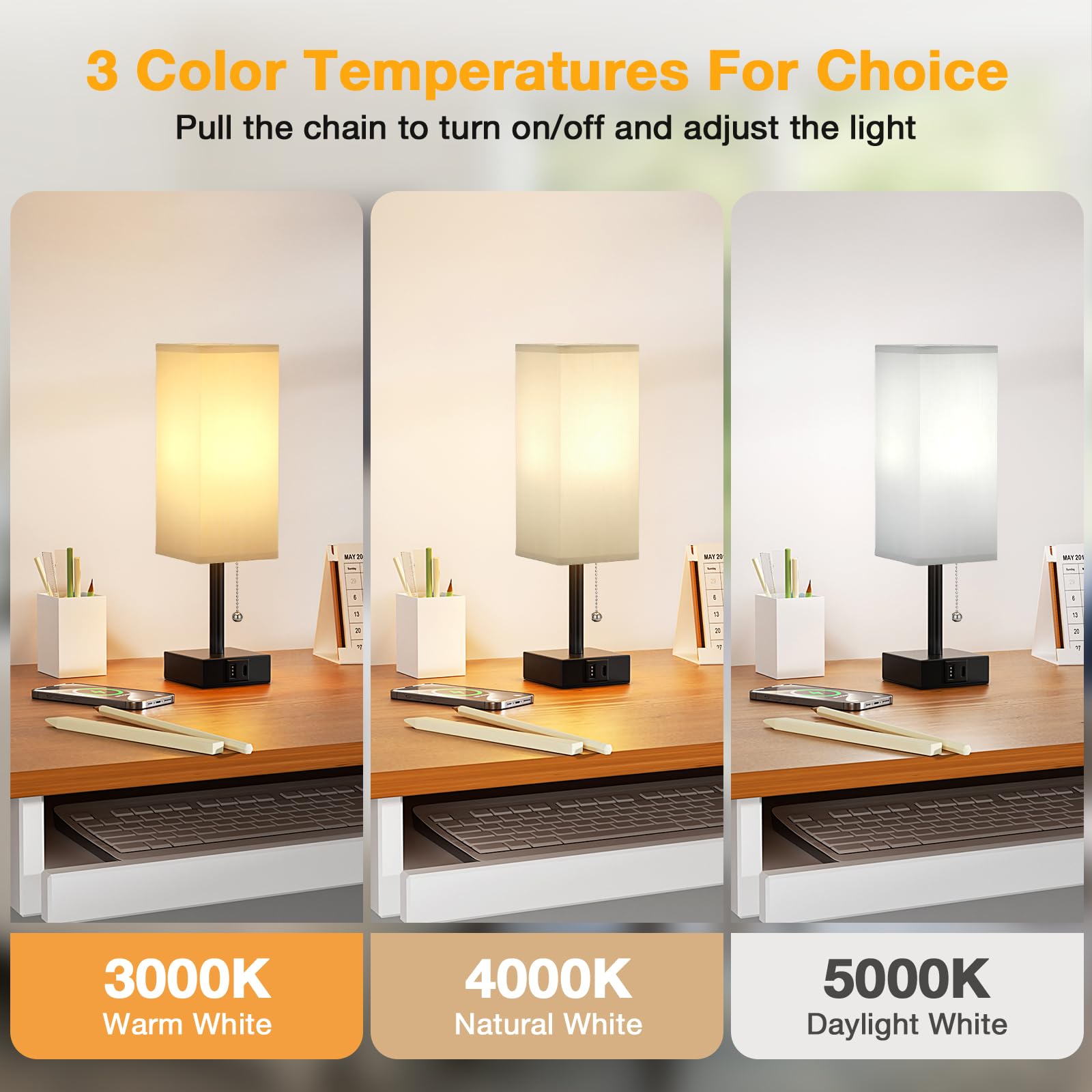 Gray Small Bedroom Lamp - 3 Color Temperature 3000K 5000K 4000K Bedside Lamp, Pull Chain Control, Usb A And C Charging Ports, Black Base, For Kids Office Dorm, Bulb Included