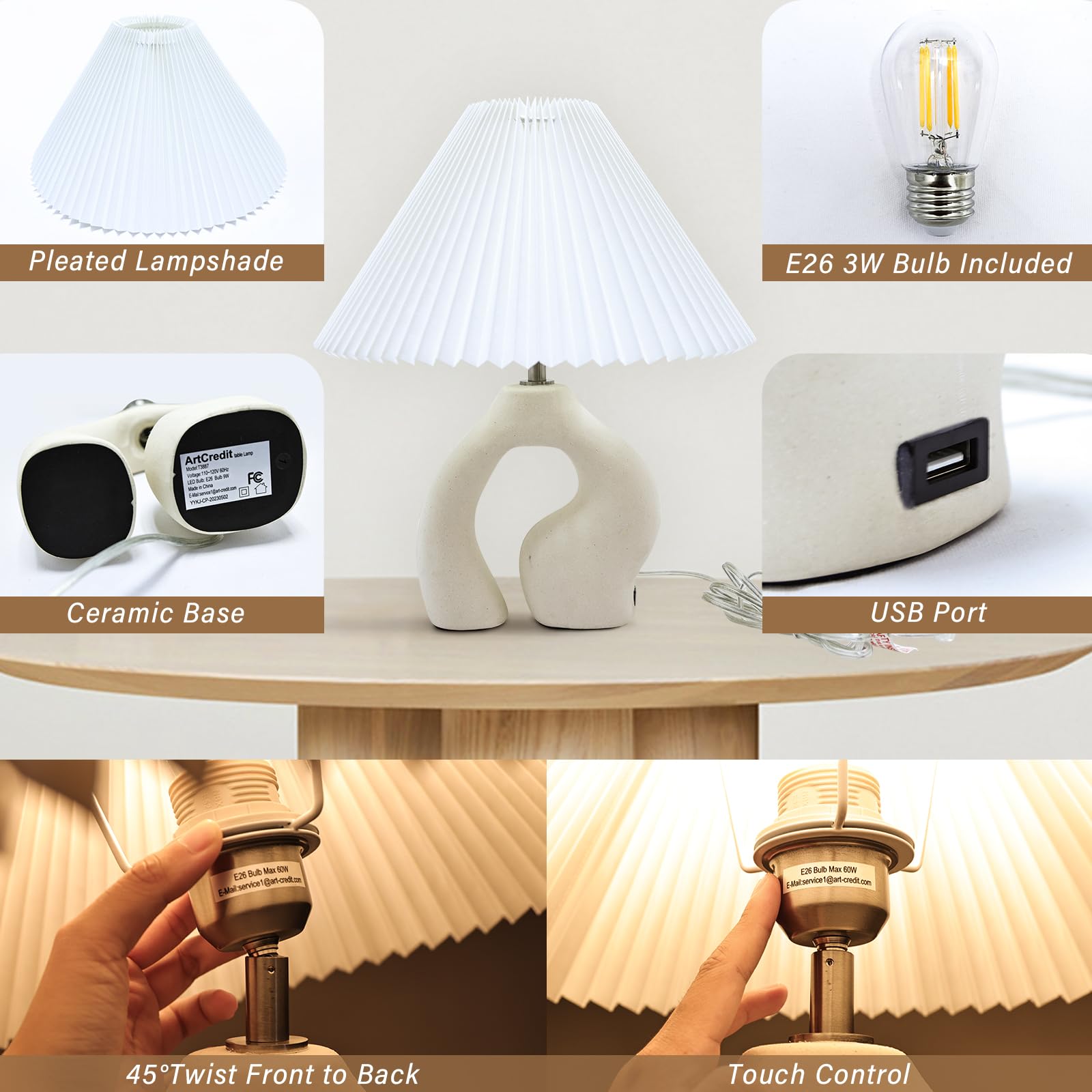 Artcredit Pleated Ceramic Table Lamp For Bedroom 3 Way Dimmable With Usb Port & 3W Led Touch Control Modern Lamp With Ceramic Ba