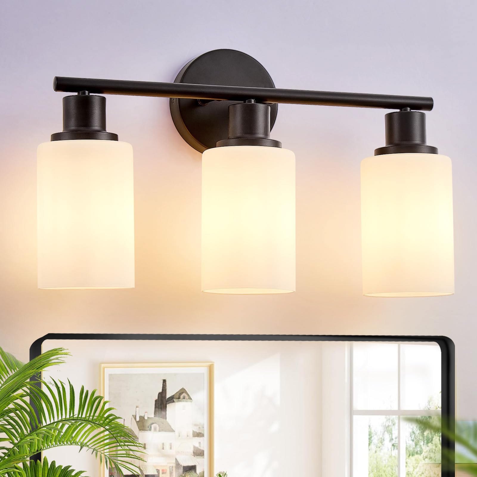 DINGLILIGHTING 3-Light Bathroom Light Fixtures - Black Metal Vanity Lights with Milky White Glass Shade, Model SF20250921B0FBS1RCRT