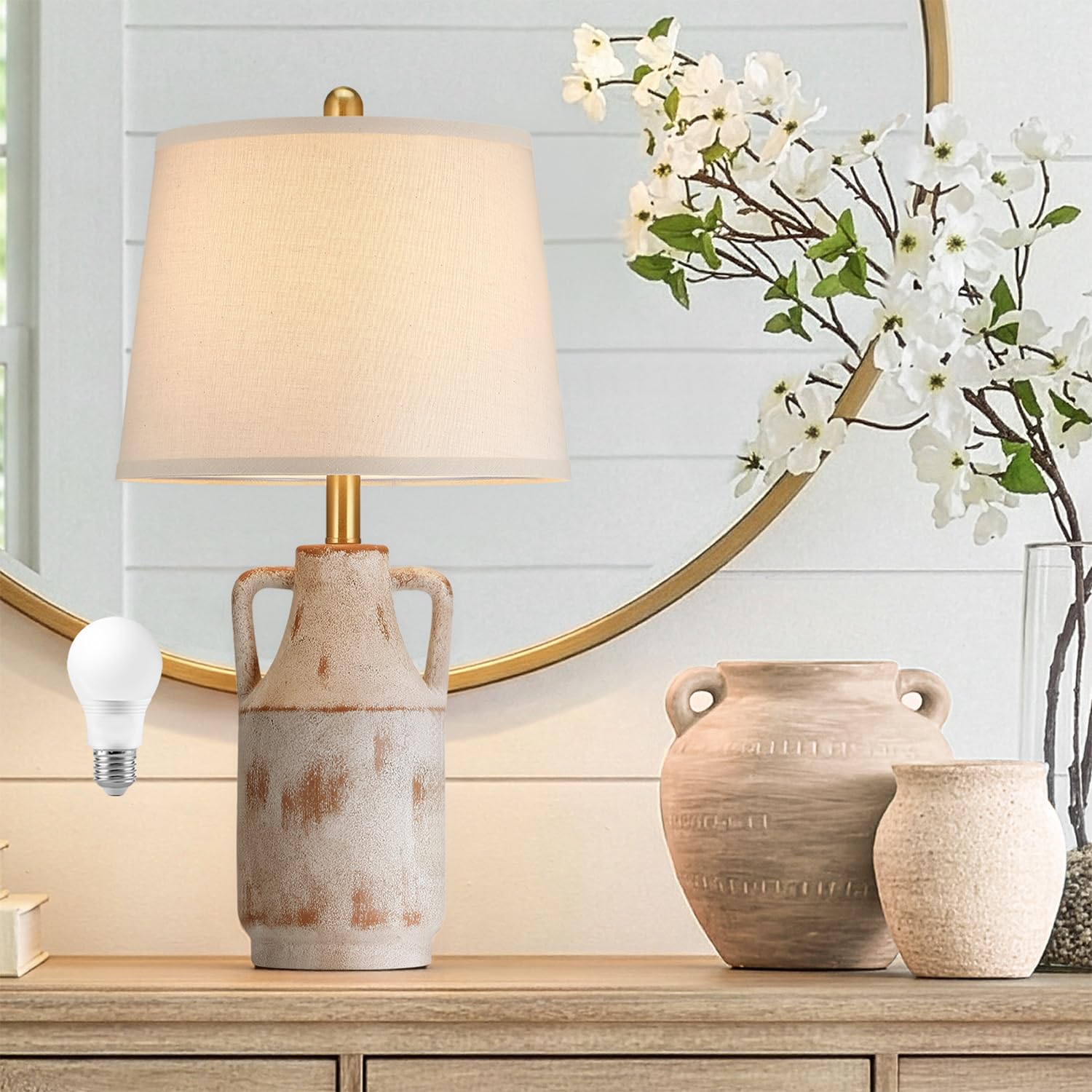 26 Vintage Ceramic Table Lamp for Home Decor  Farmhouse Retro Terracotta Black Lamp with Handles for Living Room  Rustic Pottery Nightstand Lamps for Bedroom  End Table  Entryway (Bulb included)