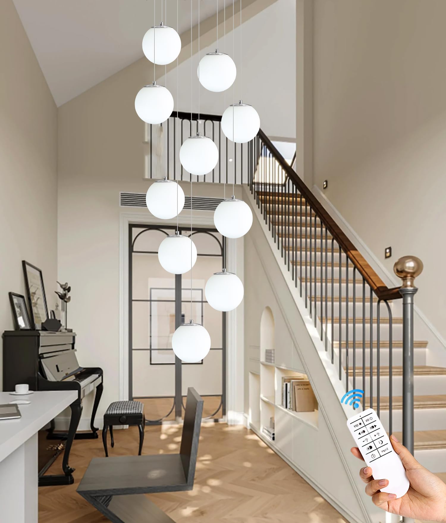 ykolupty LED Staircase Chandelier, 10-Light Flush Mount Pendant Light, Chrome Finish, White Glass for High Ceilings, Foyer & Living Room