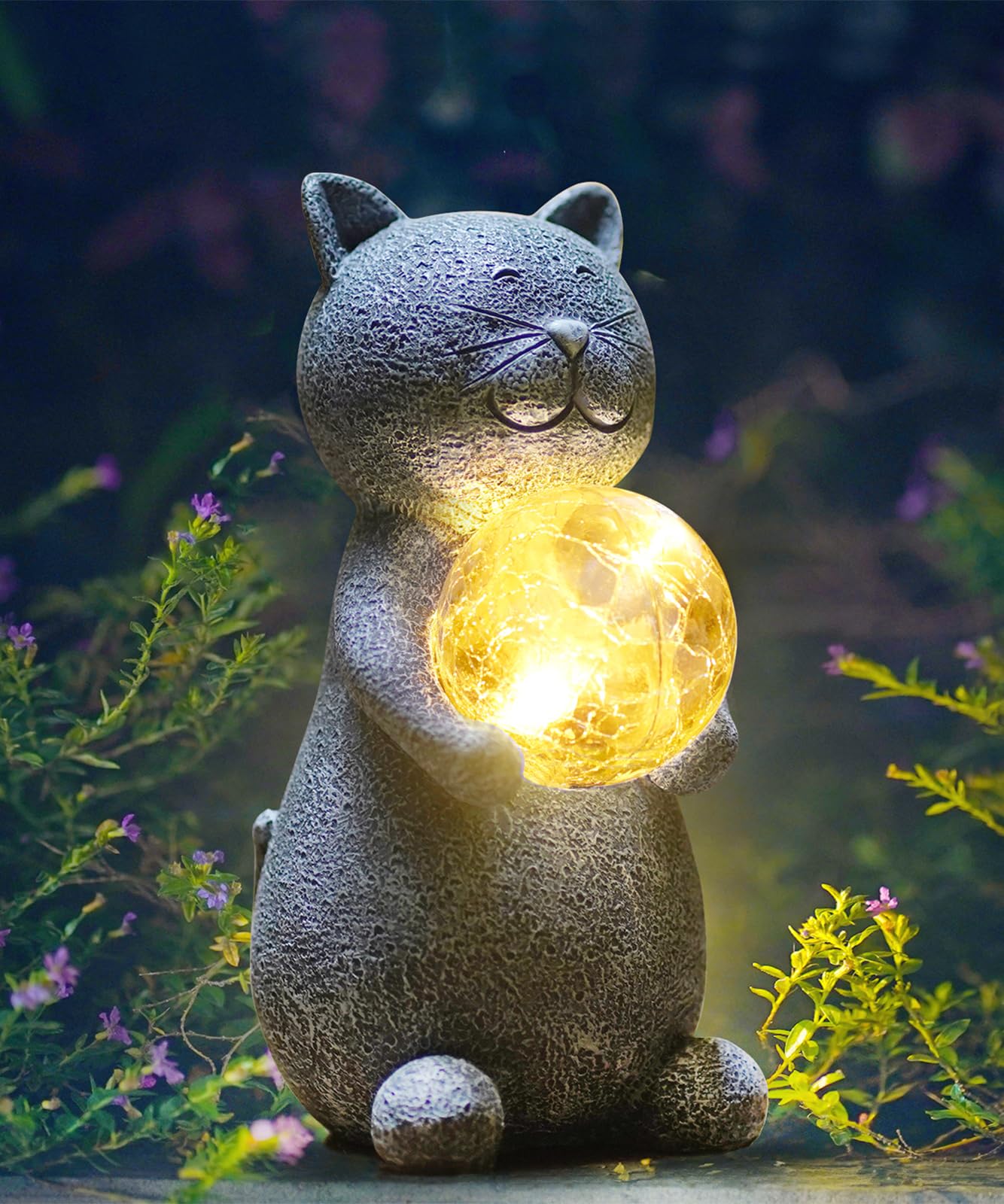 Tiejiajiang Solar Cat Statue - Gray Resin Garden Decor With Led Lights For Cat Lovers