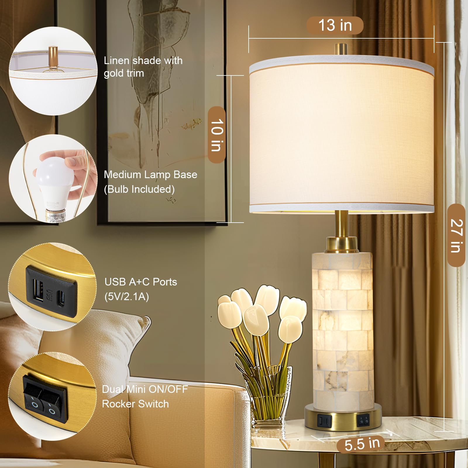 Rustic Natural Alabaster Table Lamp Set Of 2 With Night Light For Living Room Nightstand Table Lamp With 2 Usb Ports For Bedroom