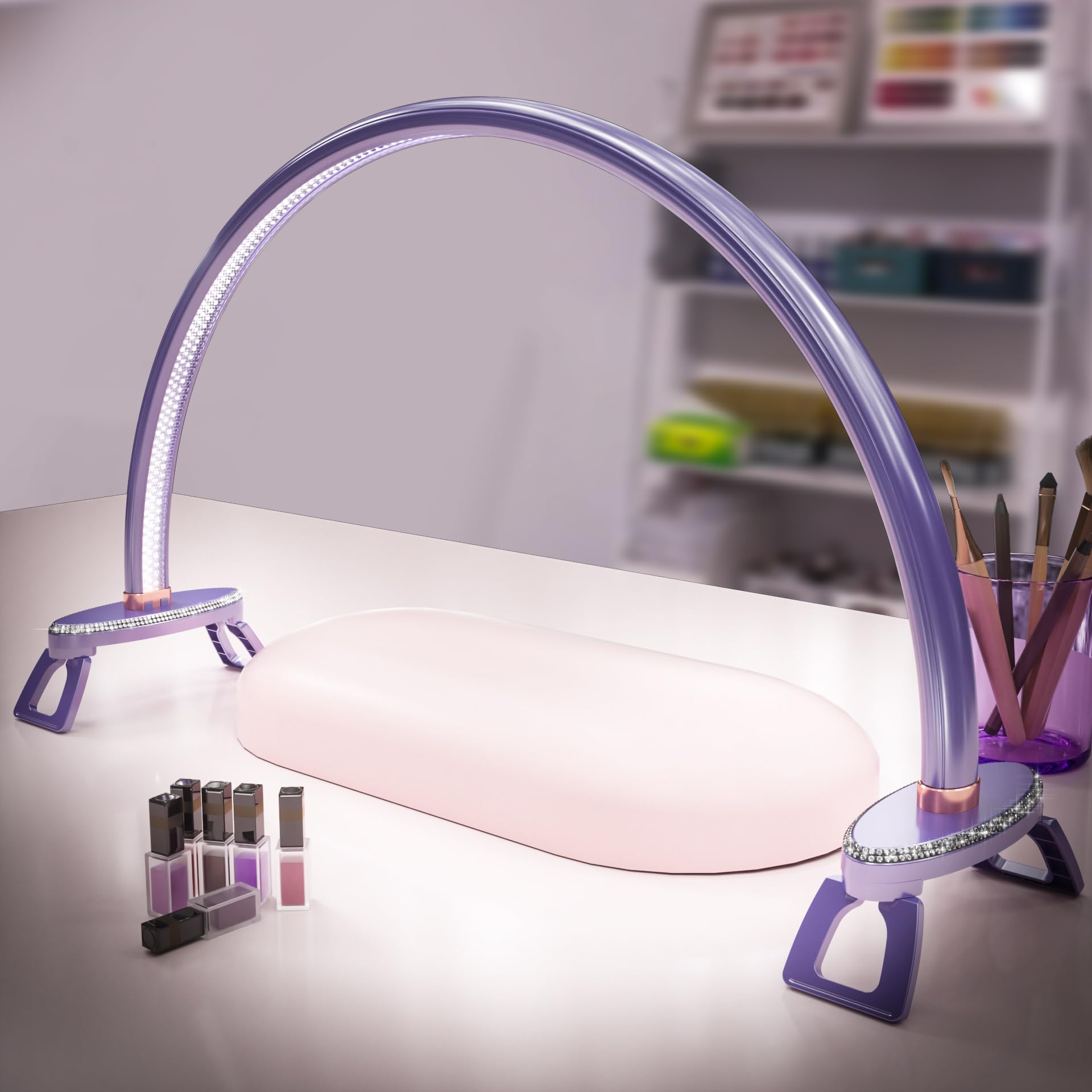Large Half Moon Light for Nail Desk, Stepless Dimmable Lamp for Nails Table, 3 Color Temperature 24 inch Purple Led Nail tech De