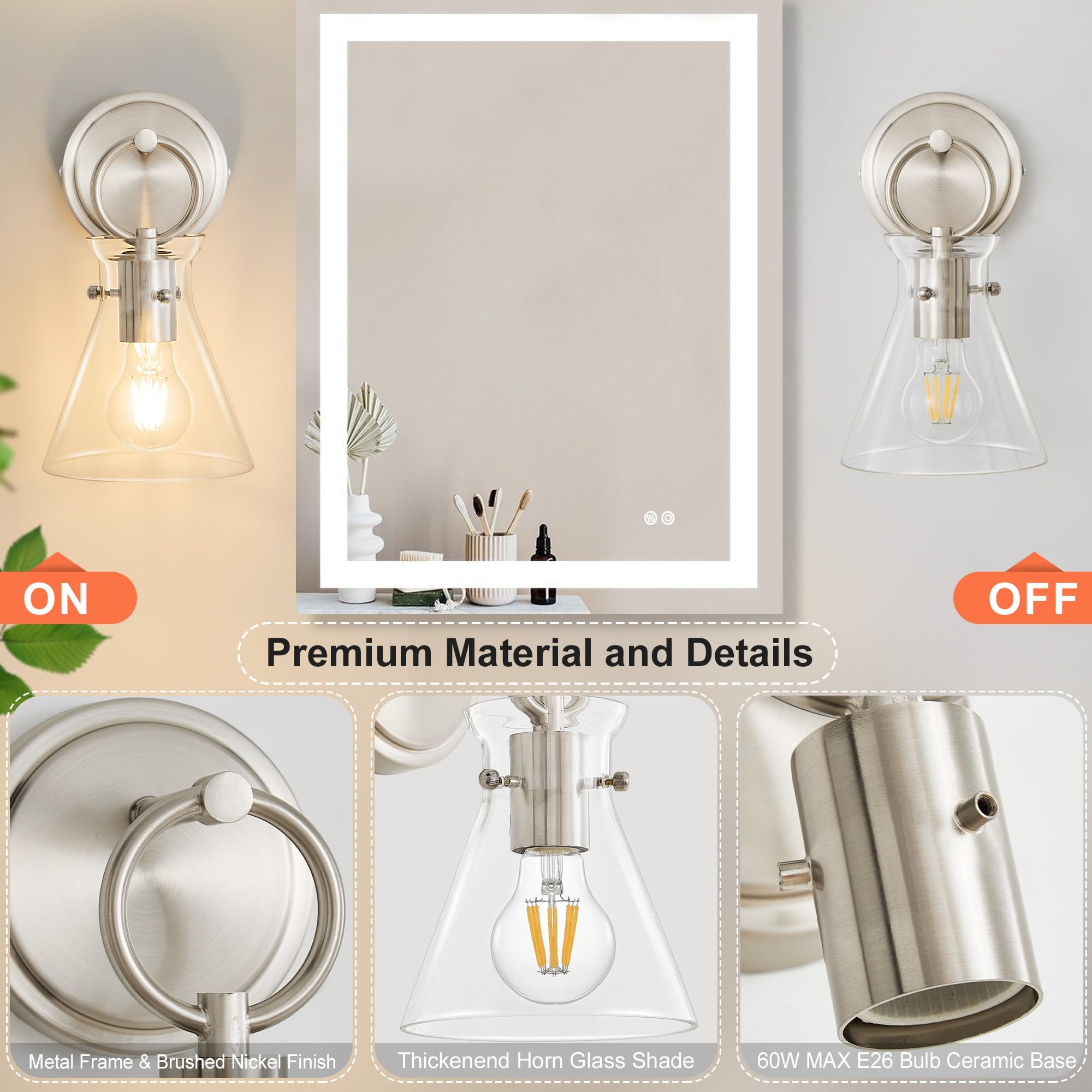 Gednbo Modern Wall Sconces 2 Pack, Brushed Nickel, Metal, Hardwired, 6 Inch Clear Glass Shade for Bathroom, Bedroom, Living Room