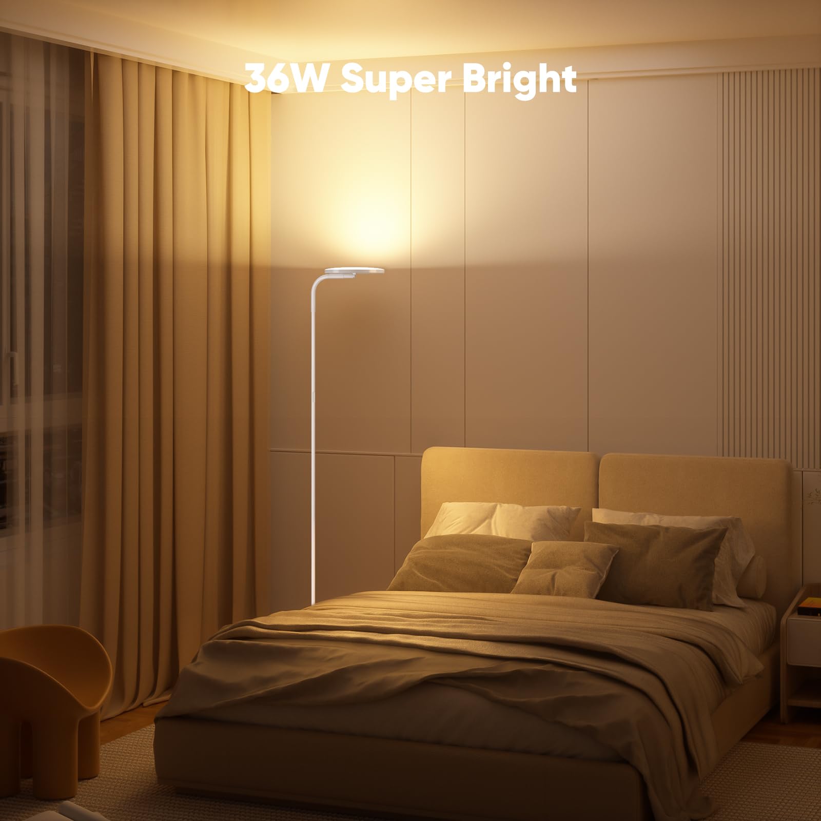 SIBRILLE 36W LED Floor Lamp - Super Bright, Dimmable Torchiere with Remote Control, 350° Rotating Head, Modern Design, White