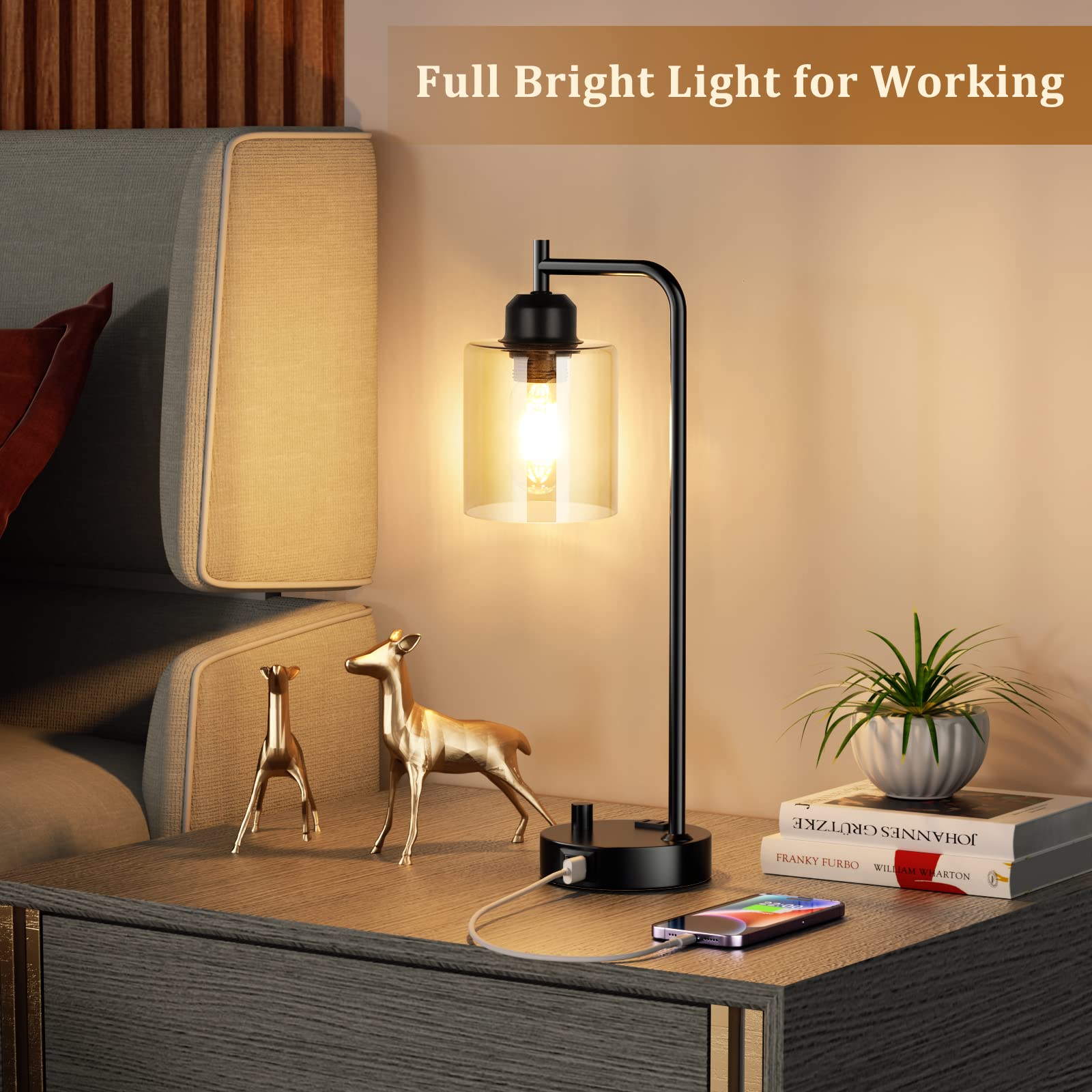 Industrial Bedside Desk Lamps For Bedroom - Grey Smoked Glass Shade Table Lamp With Usb C Port, Fully Dimmable Small Lamps With