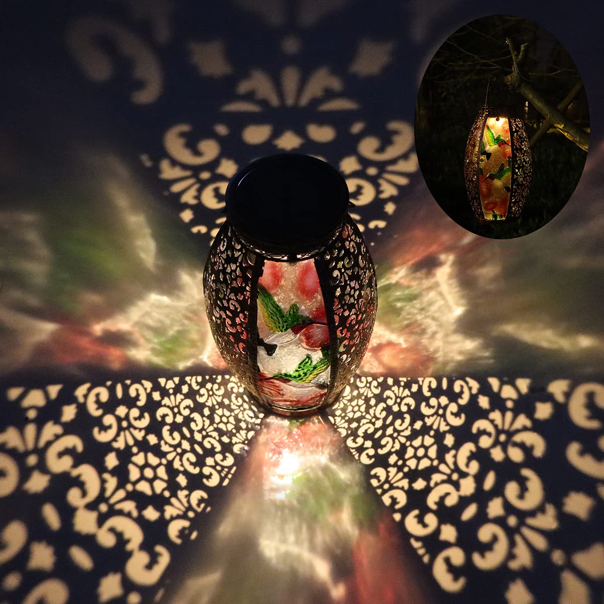 Solar Lanterns Outdoor Light - Solar Powered Led Hummingbird Glass Lights Decorative Waterproof Tabletop Lamp With Hollowed-Out Design For Indoor Yard Table Patio Garden Pathway Holiday