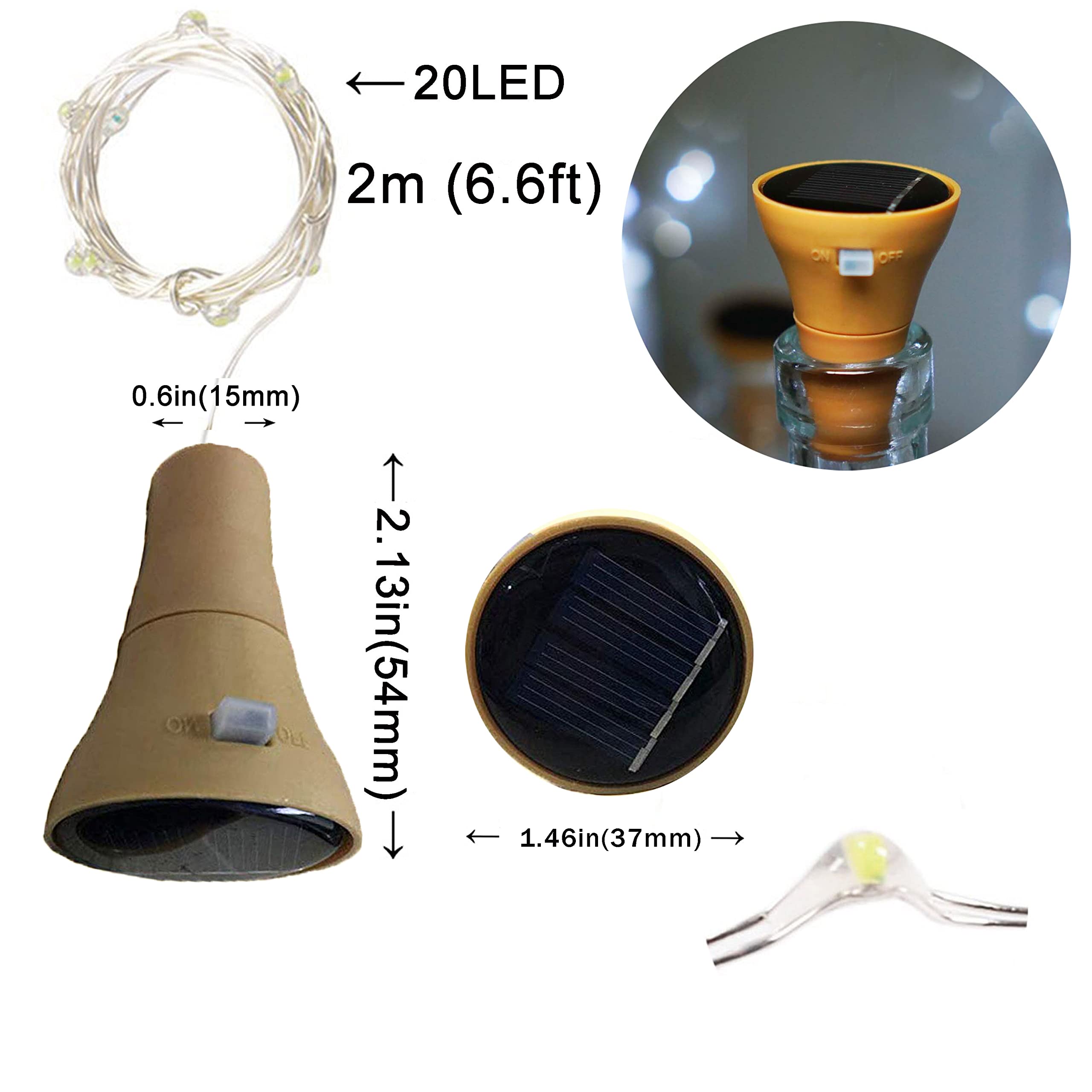 6 Pack Solar Powered Wine Bottle Lights, 20 Led Waterproof Copper Cork Solar Lights For Wedding Christmas, Outdoor, Holiday, Garden, Patio, Pathway Decor (Cool White)