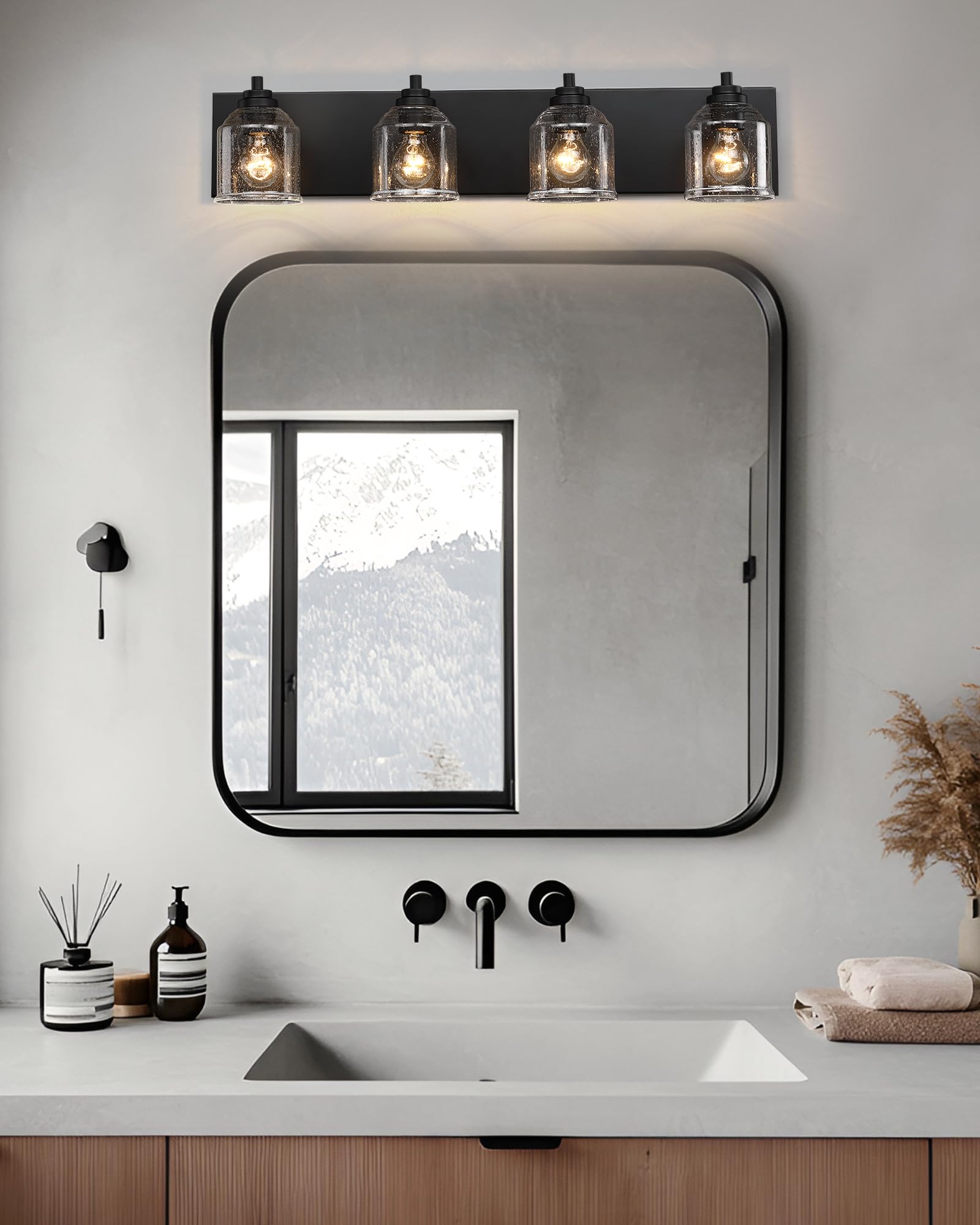 YKLITG 4-Light Black Metal Farmhouse Bathroom Vanity Light with Bubble Glass Shades, Model BD005 S