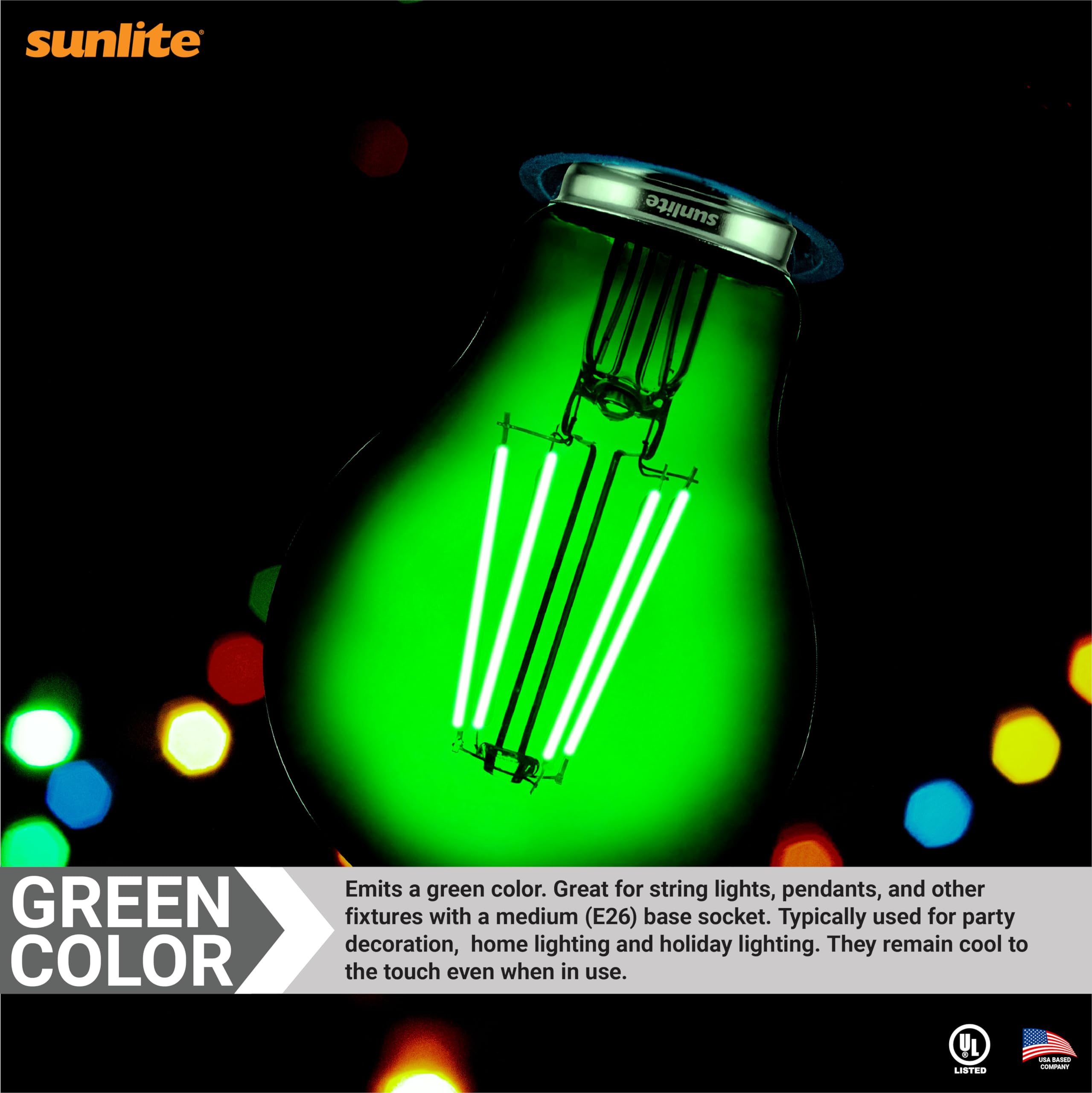 Sunlite 40941 Led Colored Filament A19 Light Bulb, 4.5 Watts, Medium E26 Base, 120 Volts, Transparent Green, Dimmable, 320 Degre
