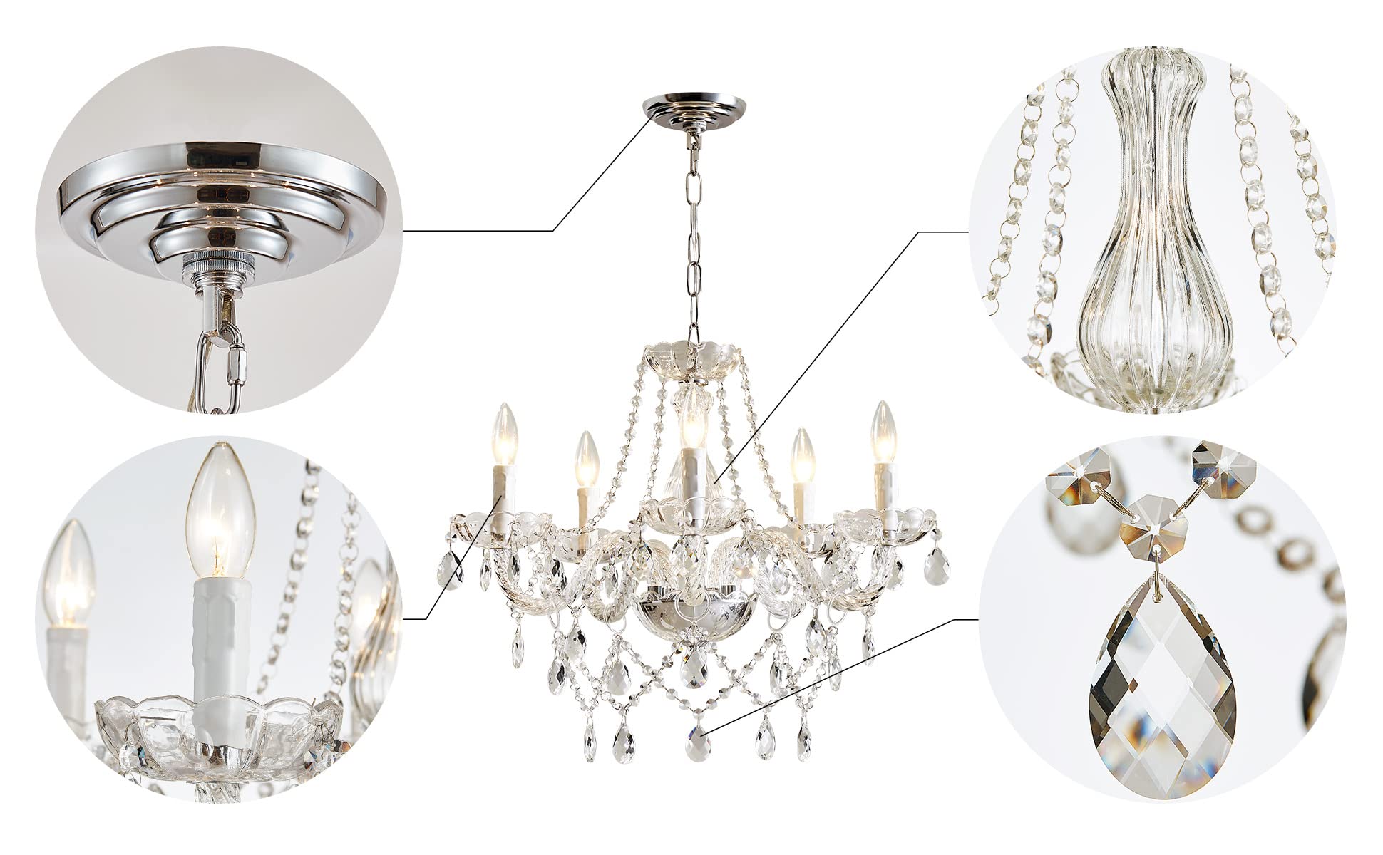 SM Saint Mossi 5-Light K9 Crystal Glass Chandelier - Modern Pendant Ceiling Fixture, Clear Finish