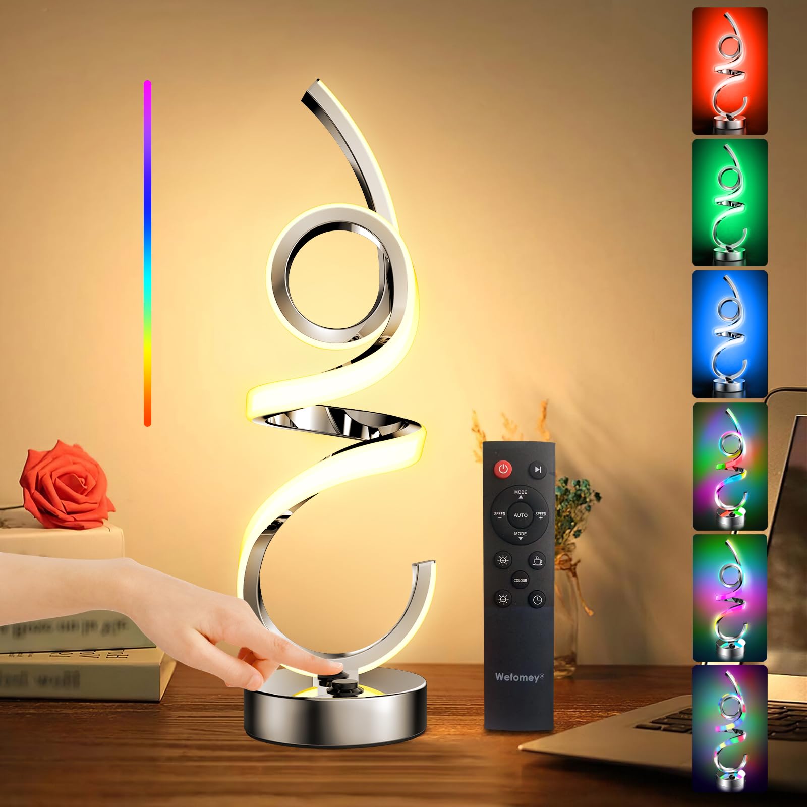 Wefomey Modern Spiral Table Lamp, Rechargeable LED, Dimmable, Remote Control, Silver, Model WF-CLTL-02