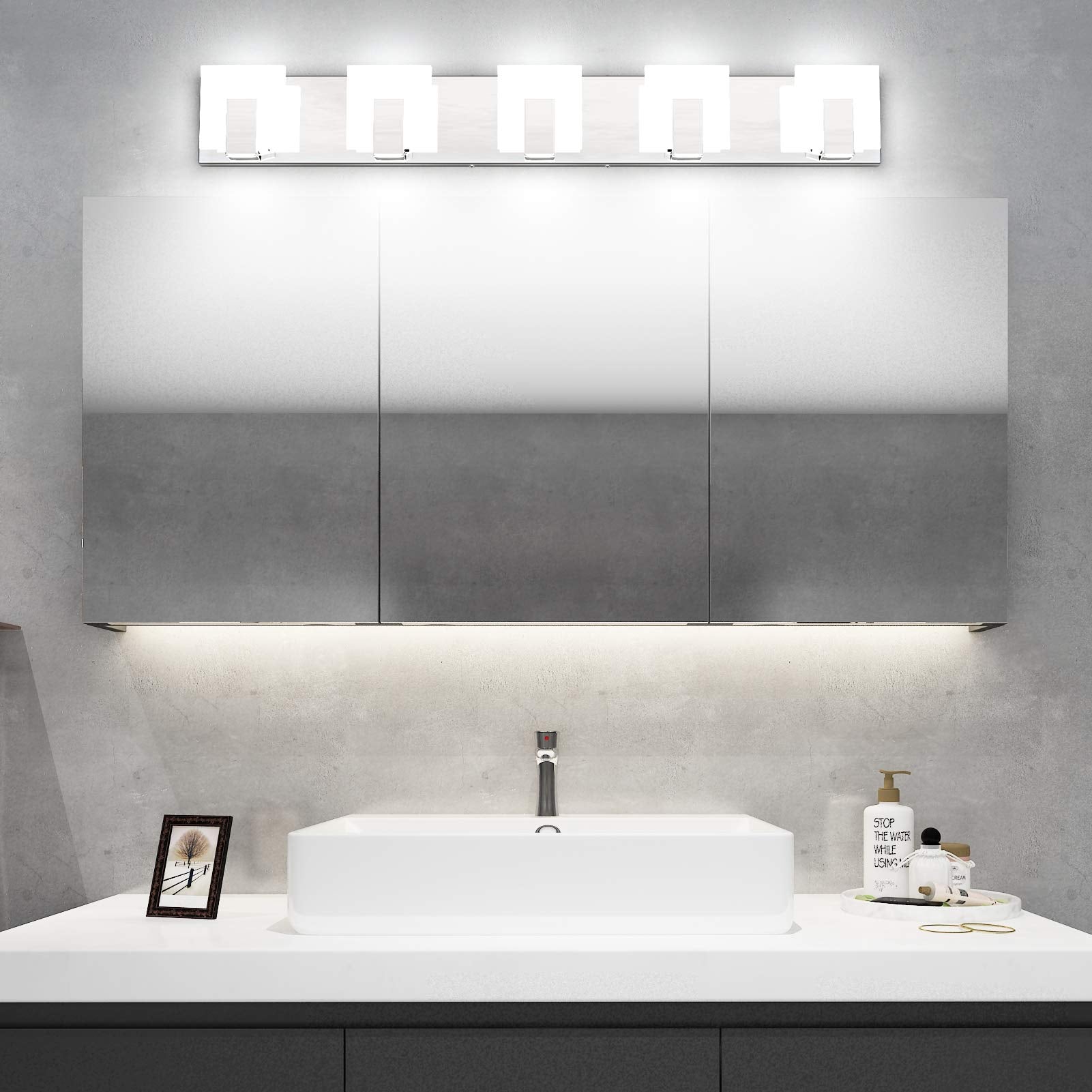 Aipsun Modern Led Bathroom Vanity Light - 5 Lights, Chrome Stainless Steel, Up And Down Over Mirror, 6000K White Light, Model Ca-1105-5T