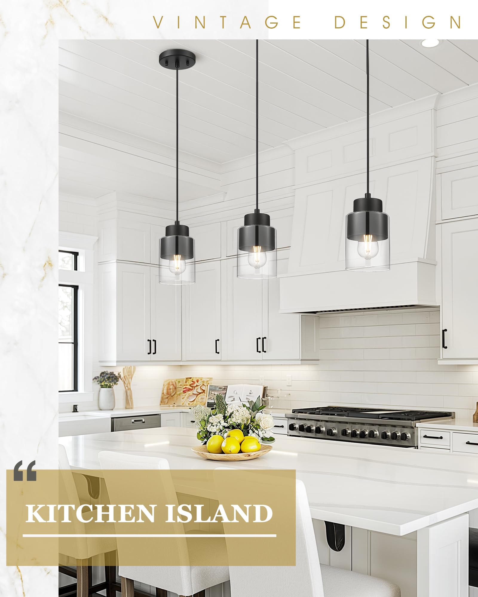 Audickic 2-Pack Pendant Lights, Modern Matte Black Metal & Glass Fixtures, Model AD-24022-1P2-BK for Kitchen Island & Dining Room
