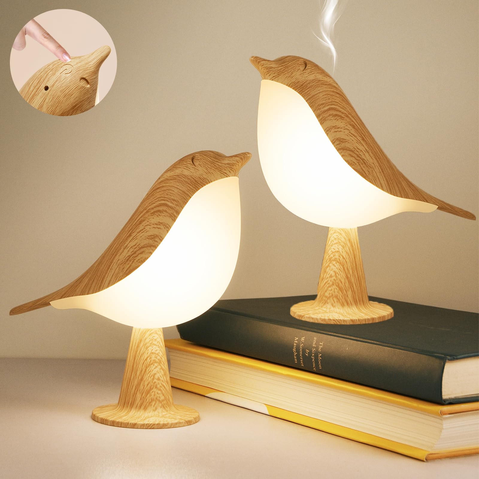 Deogos 2 Cute Bird Lamps Combo,Small Bedside Lamps with 3 Color Temperature and Adjustable Brightness,Cordless Lamp for Bedroom 