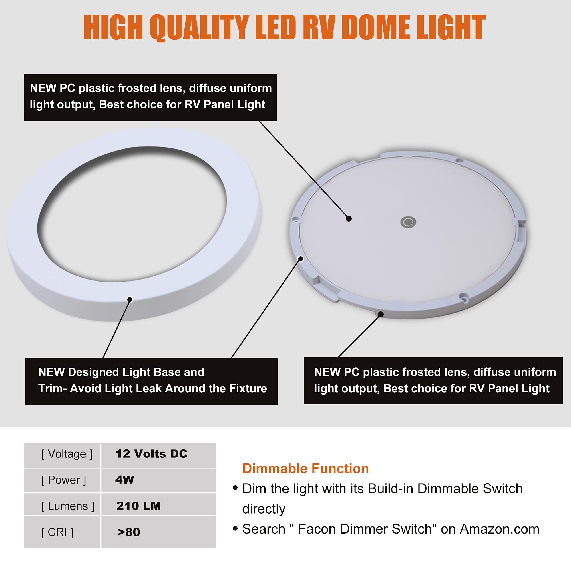 Facon 5-Inch LED RV Panel Light, Touch On/Off Switch, 2 Color Temp 3000K/4000K, White, Plastic, Model: Facon-xxxx