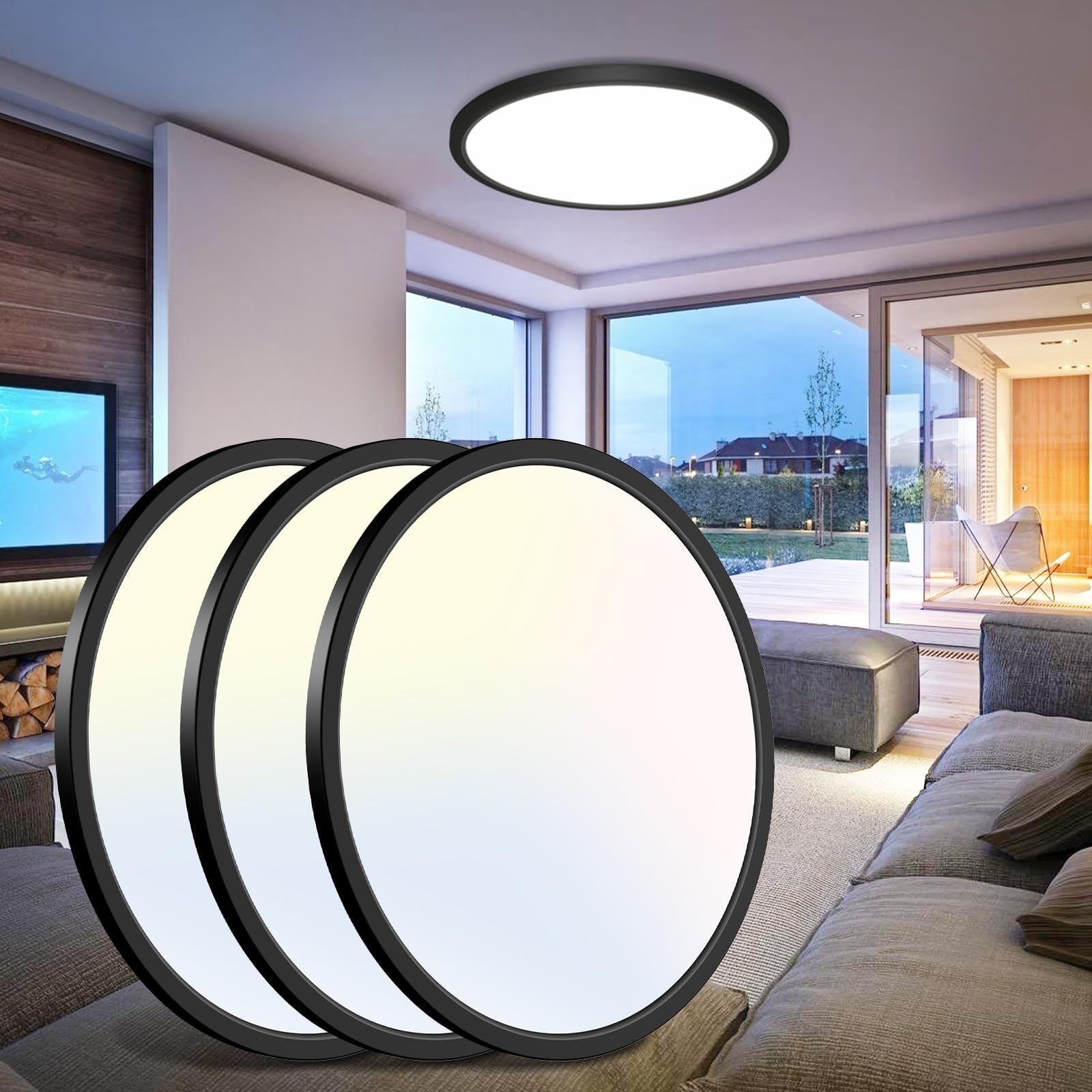 libtit 16.5 Inch Black Flush Mount Ceiling Light, 3Pack 4200LM 36W Large & Bright Ceiling Lighting Fixture, 3000K/4500K/6000K Th