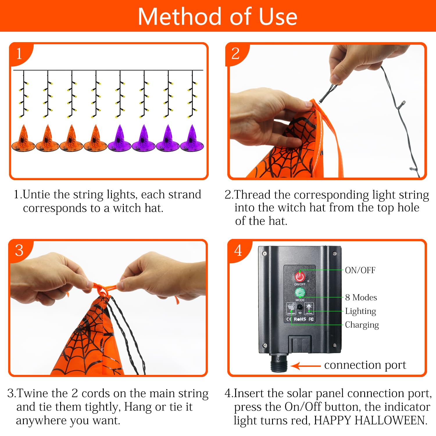 Xingpold Outdoor Solar Witch Hat String Lights - 8 Glowing Hats, 33 FT, 8 Modes, Waterproof for Halloween Decor