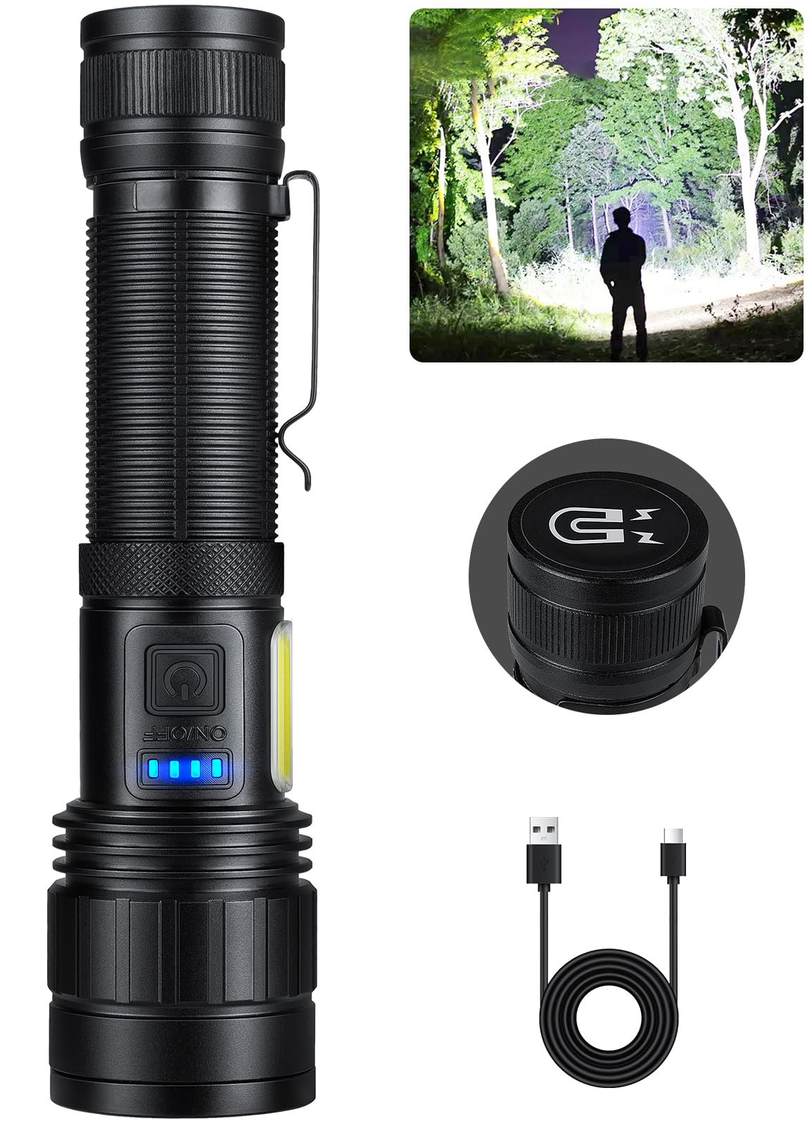 BERCOL Rechargeable Flashlights High Lumen, 990,000 Lumens Super Bright Magnetic Flash Light, 7 Modes with Cob Work Light, Power