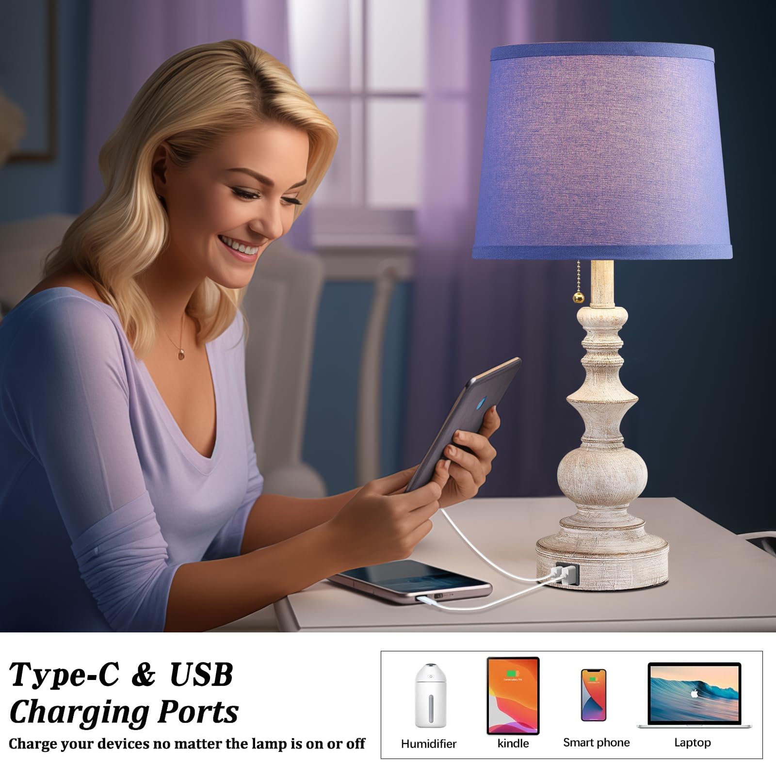 22'' Farmhouse Bedroom Table Lamps Set Of 2 Bedside Nightstand Lamps With Usb A/C Charging Ports Small Side Table Lamps For Livi