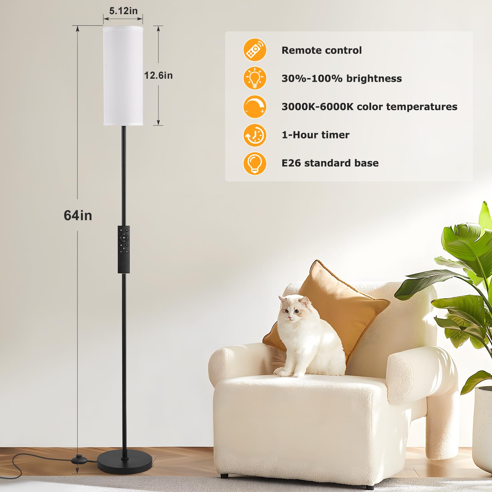 Ambimall Floor Lamps For Living Room, 64&quot; Modern Floor Lamp With Remote Control And Stepless Dimmable Colors Temperature & Brightness, Standing Lamps For Living Room Bedroom Office, 9W Bulb Included