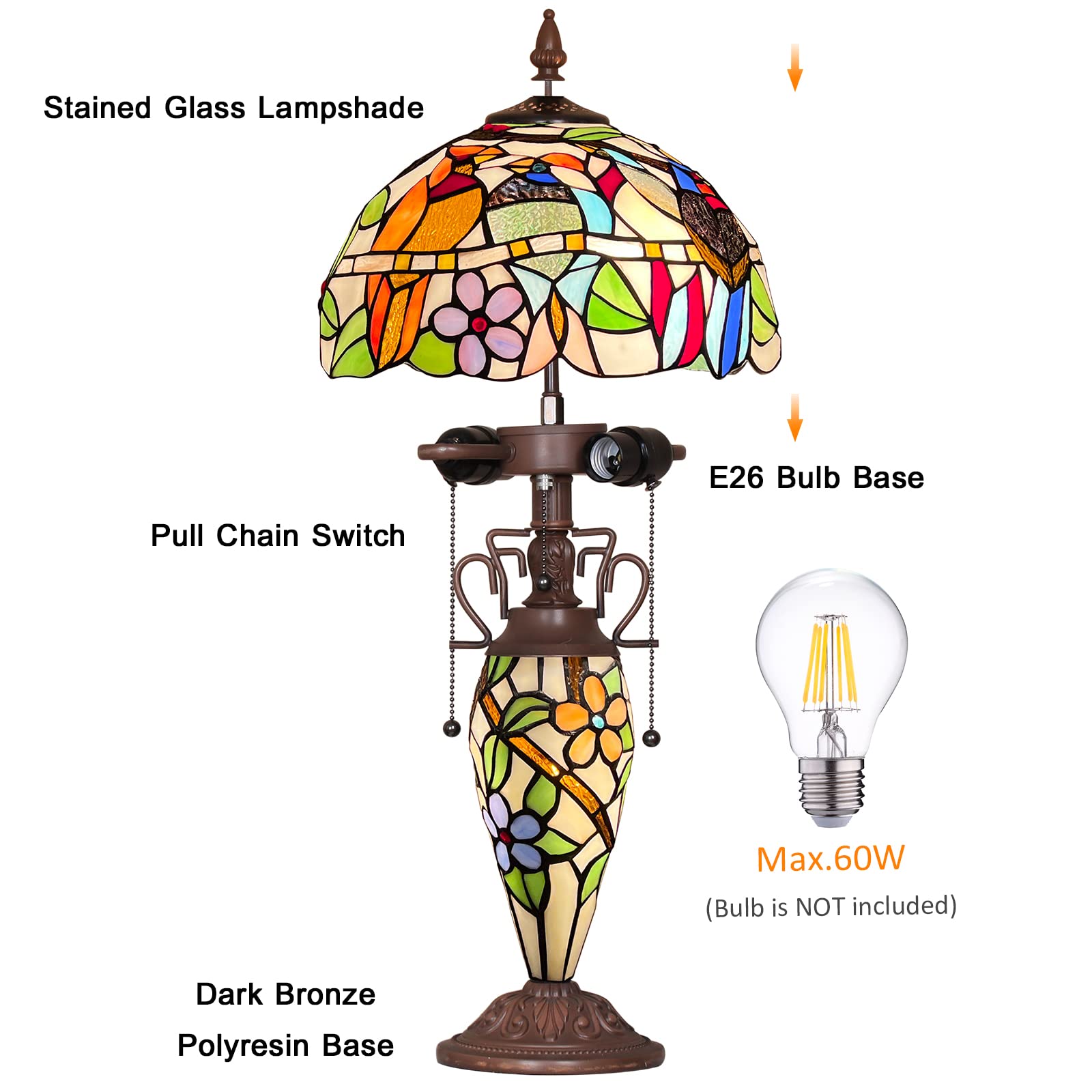 Capulina Tiffany Lamp Stained Glass Table Lamp 12X12X23 Inches 3-Light Cardinal Birds Mother-Daughter Vase Style Desk Reading Light Decor For Home Office Bedroom Living Room