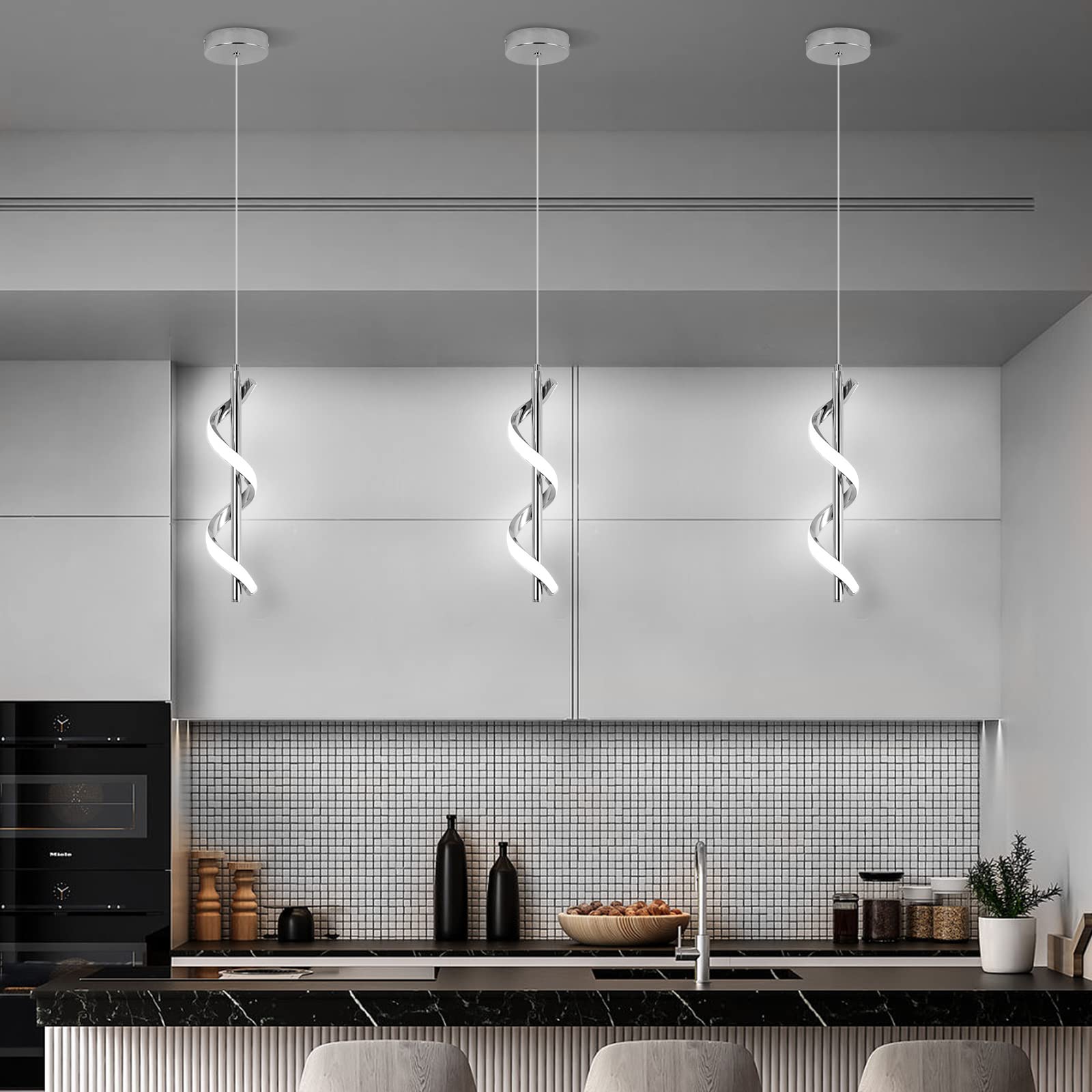 Caneoe Modern Led Pendant Light Fixture, 5500K Cool White Spiral Integrated Led Hanging Lamp, Adjustable Height Island Light Fix