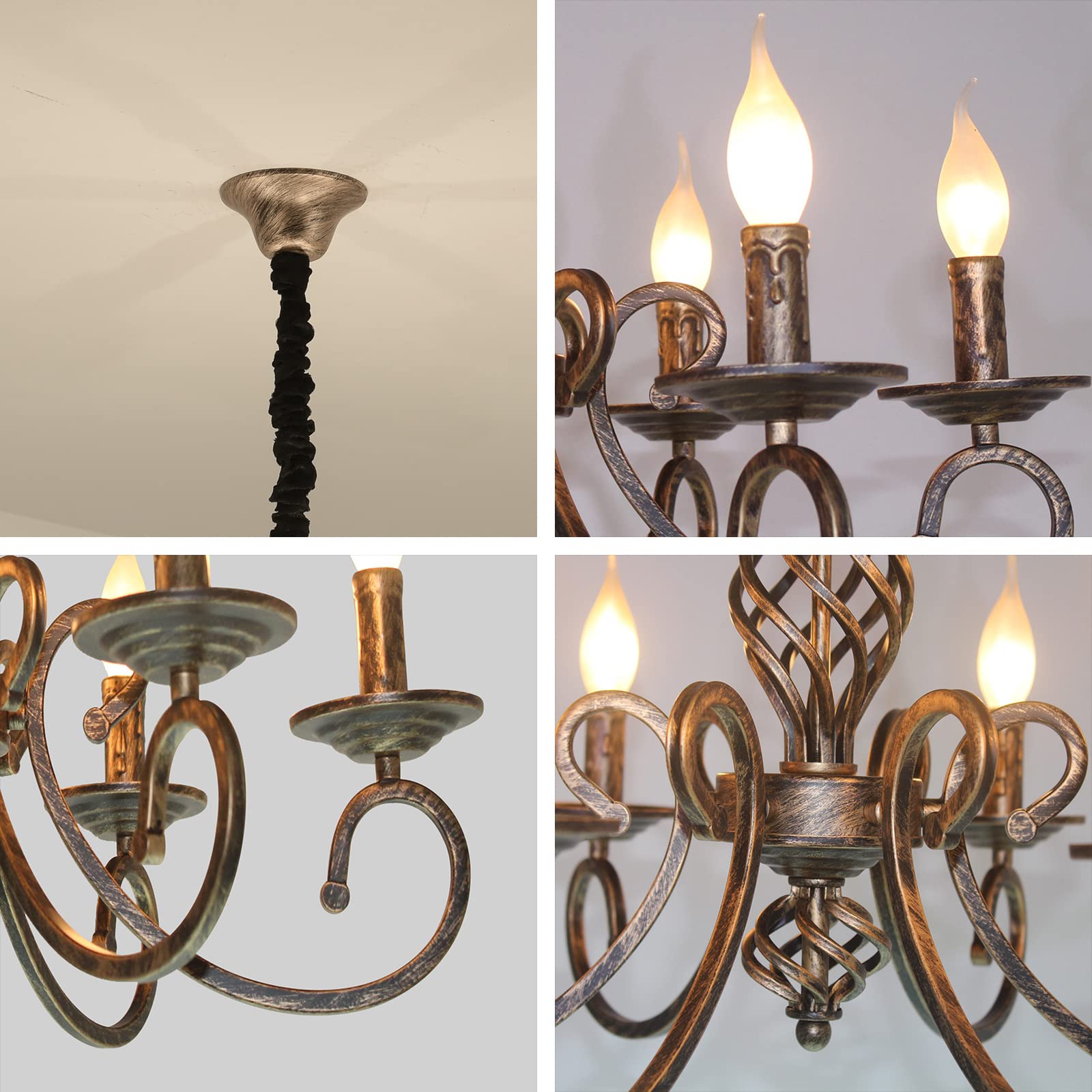 Ganeed Rustic 6-Light Chandelier, Antique Bronze Metal Pendant Light Fixture for Kitchen, Dining Room, Model TC-HD50113-6
