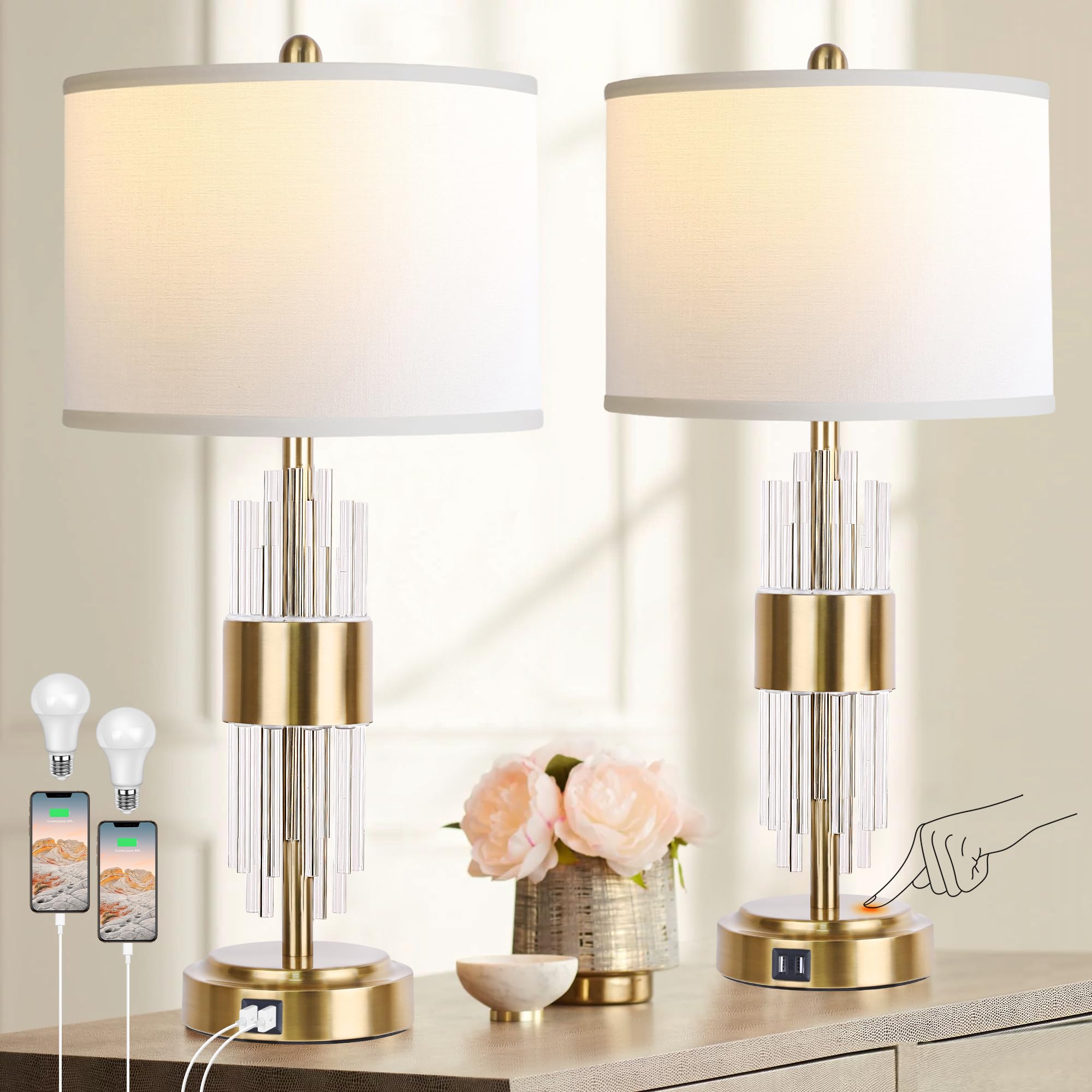 QiMH Table Lamp Set of 2, Brushed Gold, Modern Design with USB Ports, Touch Control, White Lamp Shade