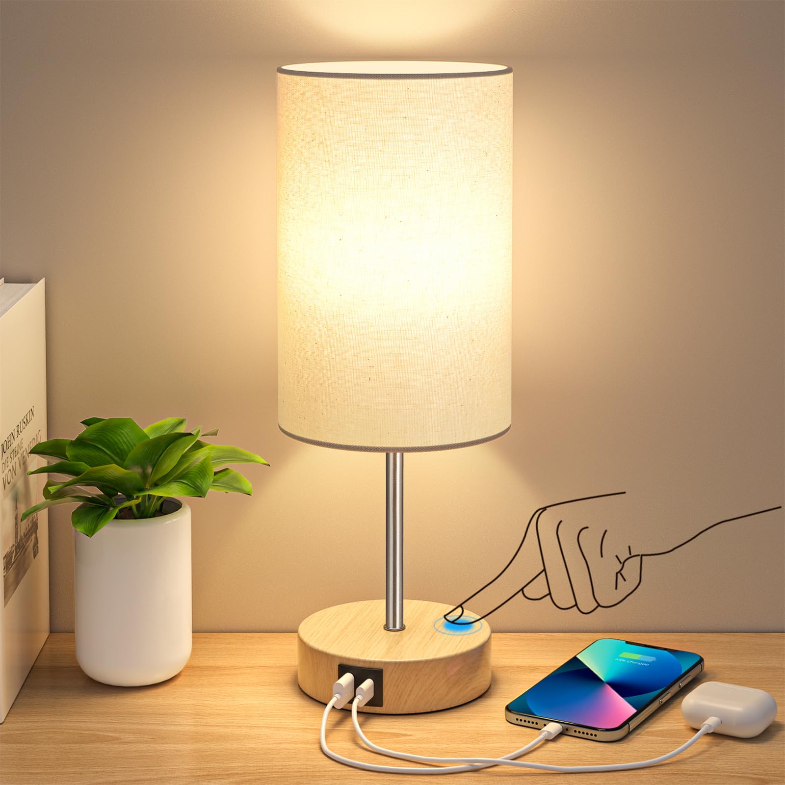 AKASUKI 3-Way Dimmable Touch Table Lamp, 14.25 in, Cream Shade-Wood Base, LED Bulb Included, Model XTD-Y