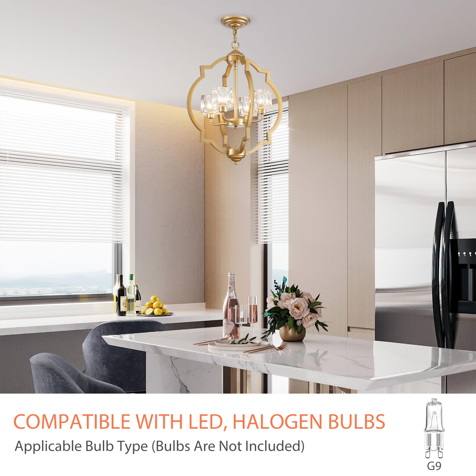 Majhoiw 4-Light Modern Chandelier, 17.7" Gold Metal Pendant Lighting for Dining Room, Living Room, Kitchen, Bedroom, Foyer