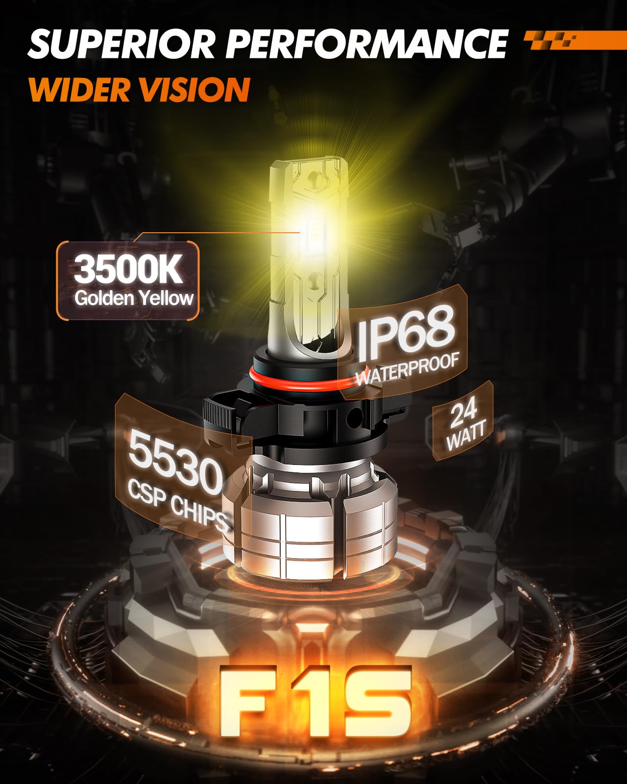 SEALIGHT 5202 Yellow LED Fog Light Bulbs, 12000LM 24W, 3000K Amber, Aluminum, Pack of 2