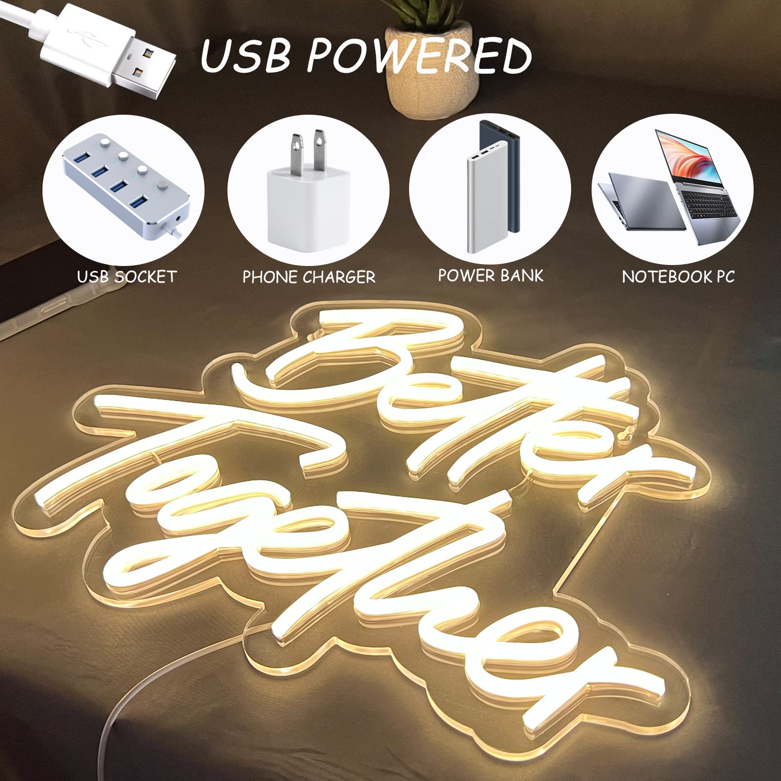 BerniceKelly Better Together Neon Sign, Warm White LED Light, Model AW-12, Wedding Party Decoration
