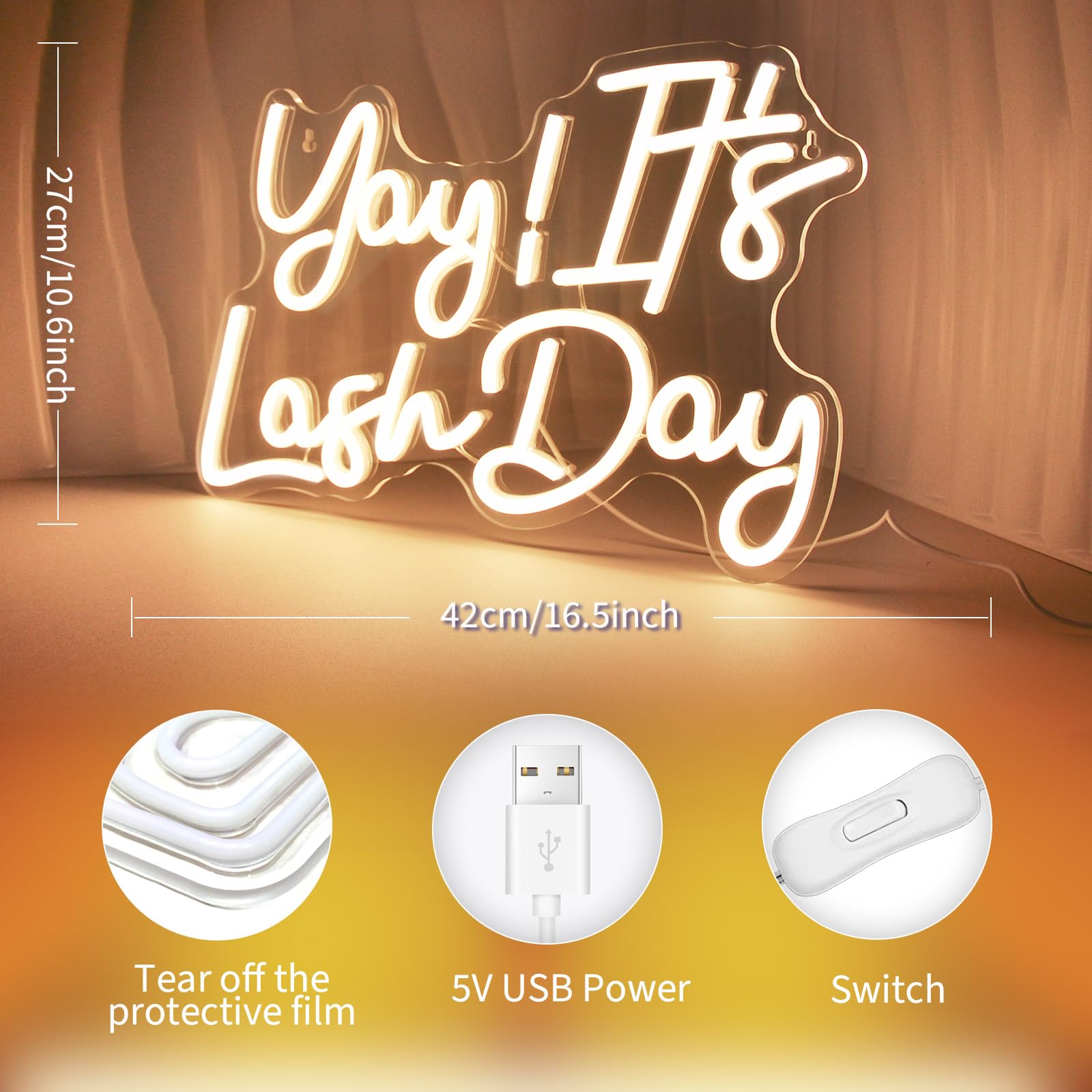 Jedaemen Yay It'S Lash Day Neon Signs For Wall Decor Warm White Led Light Sign For Girls Beauty Makeup Room Decor Light Up Sign For Birthday Party Lash Salon Decoration Usb Powered