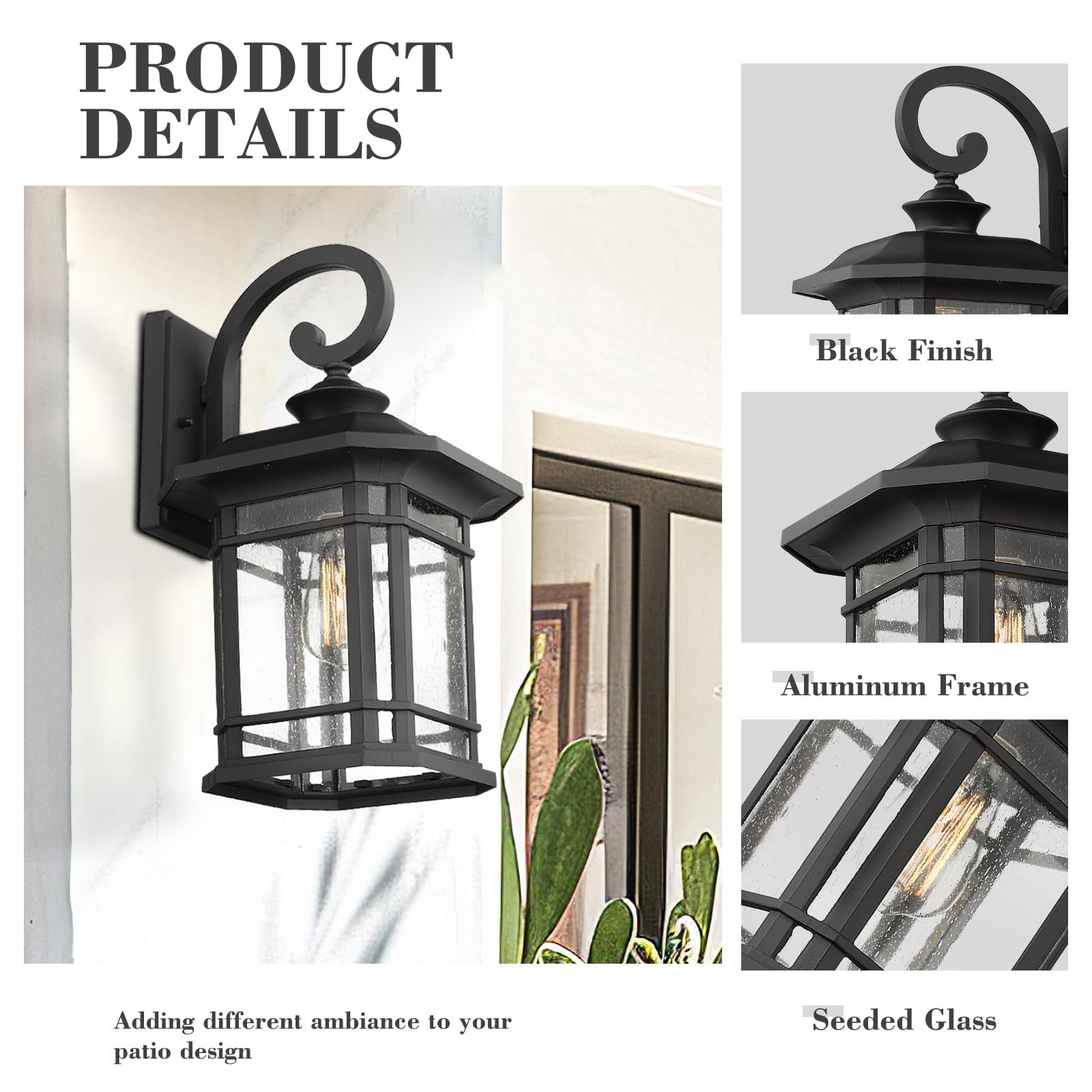 Emliviar 1-Light Outdoor Wall Sconce, Black Metal With Clear Seeded Glass, 17&quot; Height